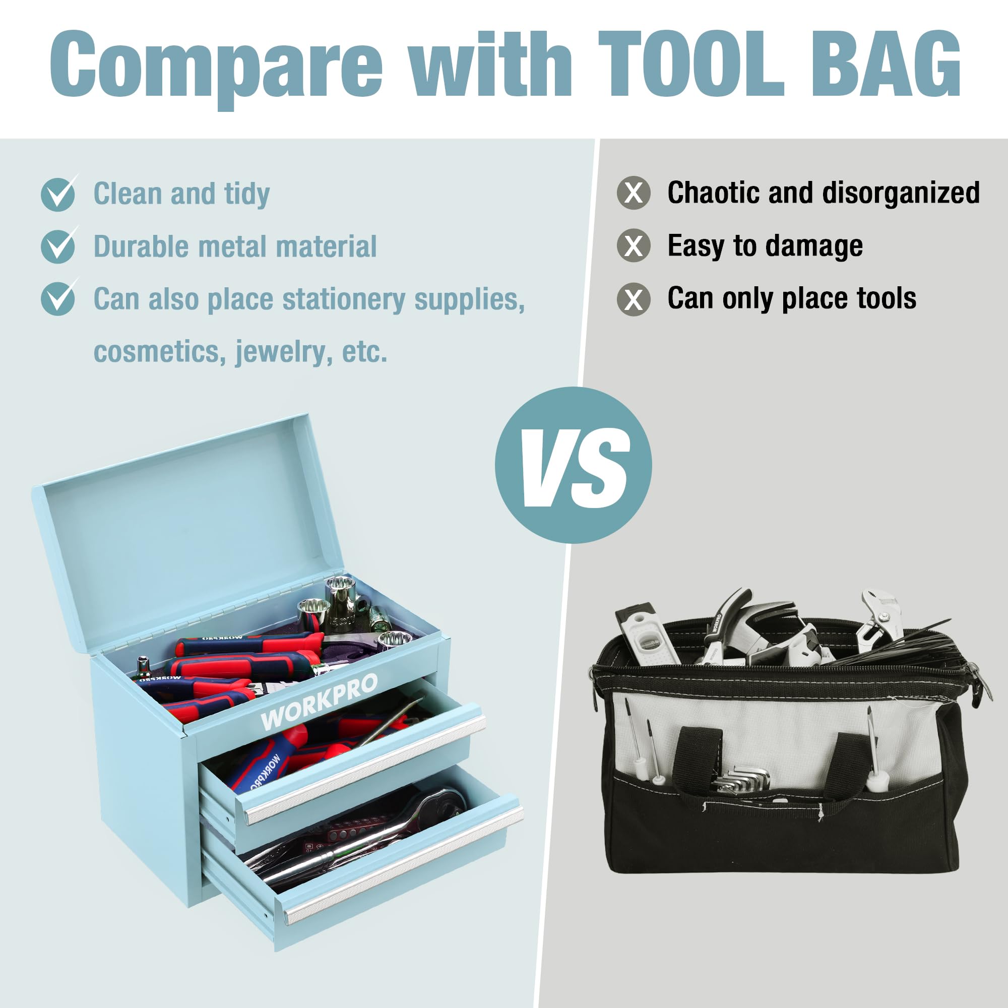 WORKPRO Mini Metal Tool Box with 2 Drawers & Top Storage - Small Steel Tool Chest with PVC Liners, PP Feet Pads & Magnetic Tab | Durable Cold Rolled Steel Construction | Perfect for Home Garage, Workshop & DIY Projects