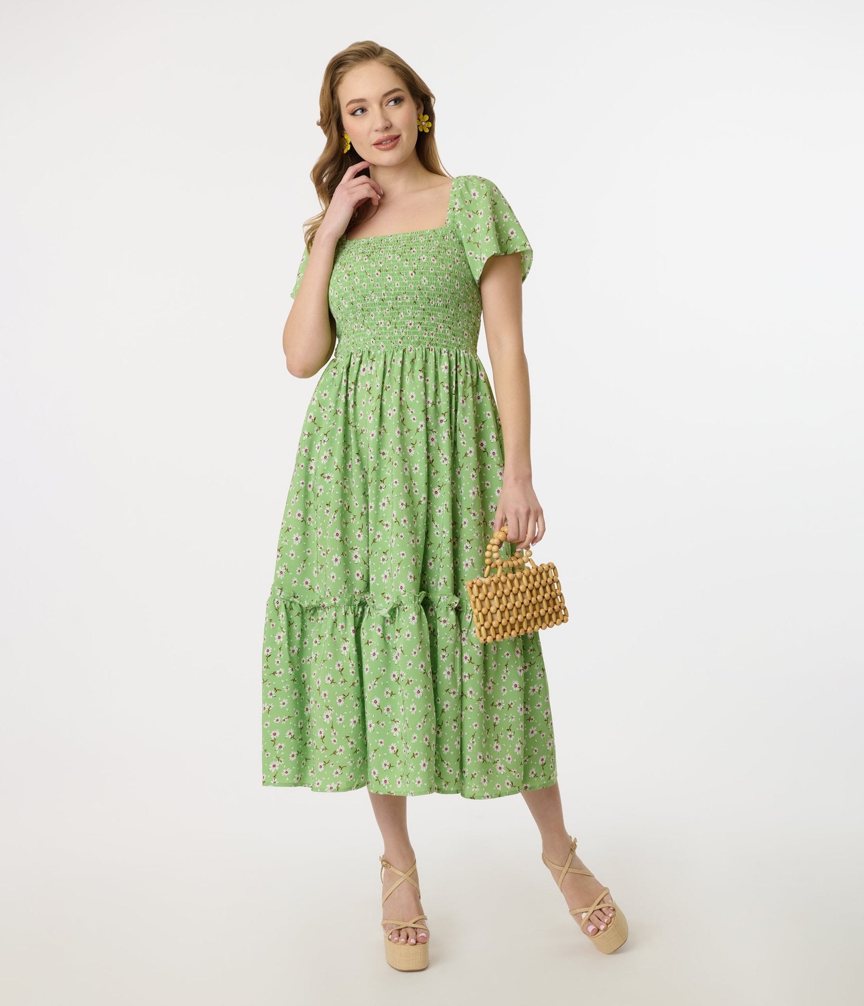 Vintage Green & White Ditsy Floral Smocked Bodice Midi Dress - Perfect for Spring Weddings, Garden Parties & Casual Outings