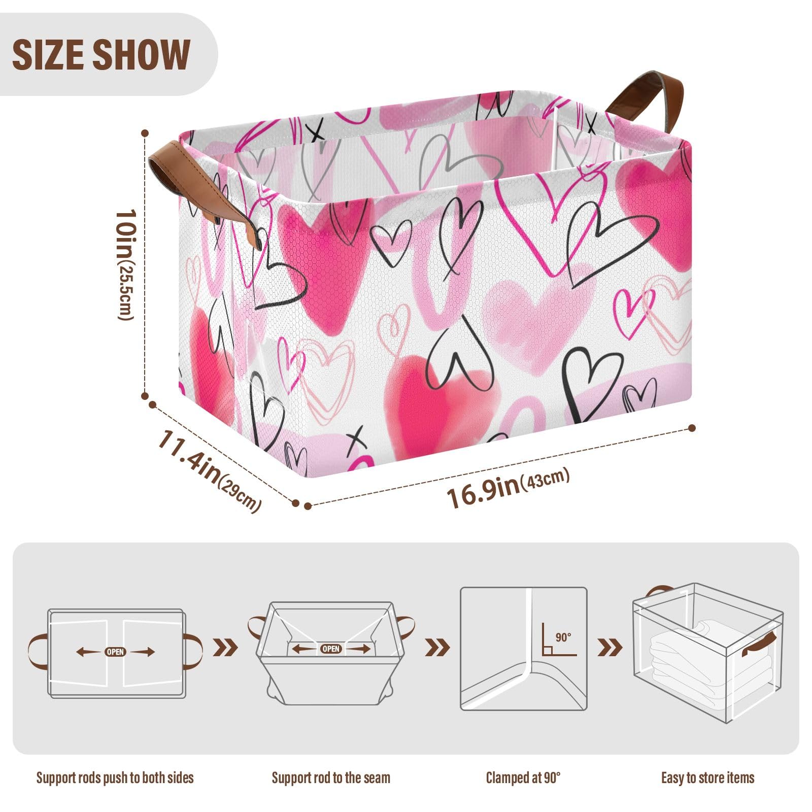 Modern Large Stackable Storage Bins with Heart Pattern - Valentine's Day Home Organization, Basket Storage Bins with Shelves for Bedroom, Closet & Office Organization