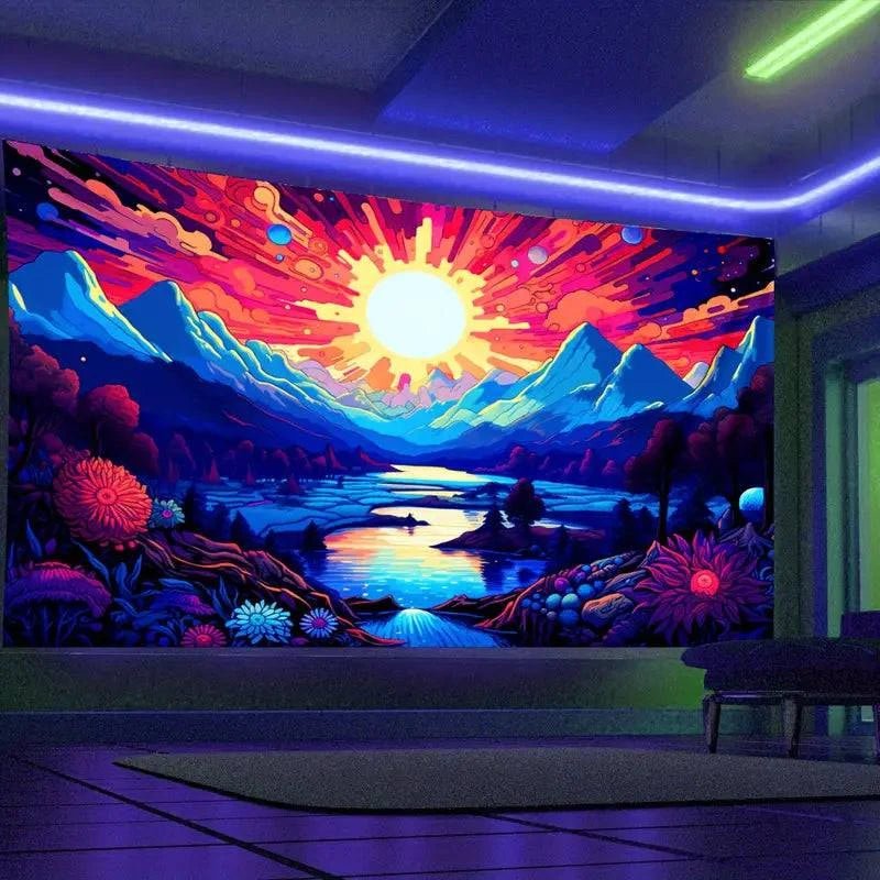 Sun Mountain Official Glow in The Dark UV Tapestry Wall Art - Psychedelic Blacklight Decor for Bedroom, Dorm & Music Festival