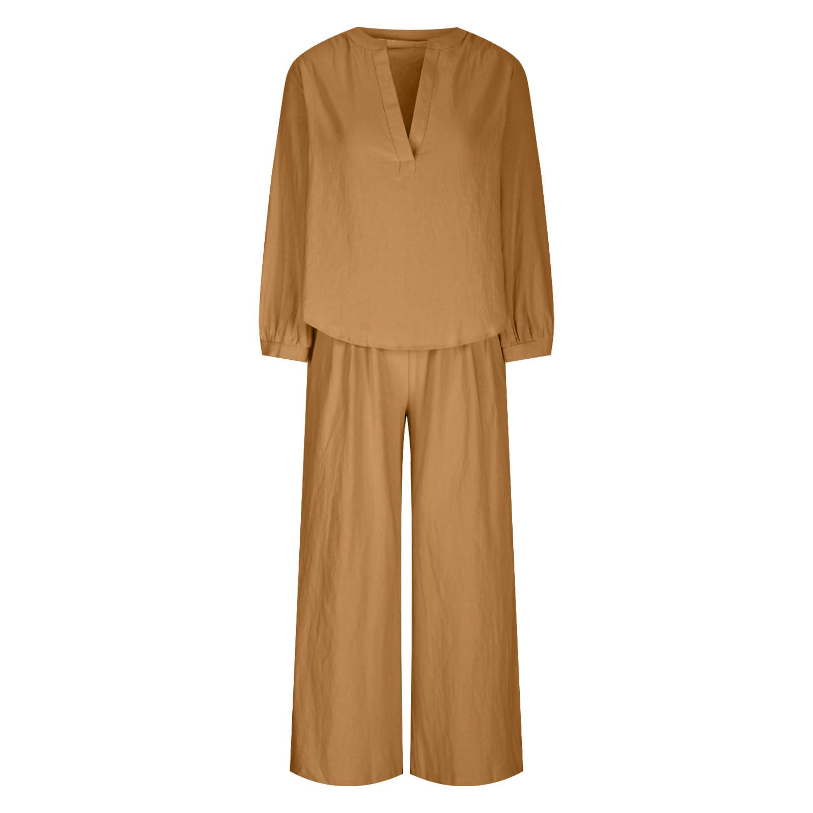 Women's Casual 2-Piece Outfit - Soft Cotton Linen Lounge Set with Long Sleeve V-Neck Pullover & Wide Leg Pants | Comfortable Oversized Loungewear for Home, Travel & Relaxation