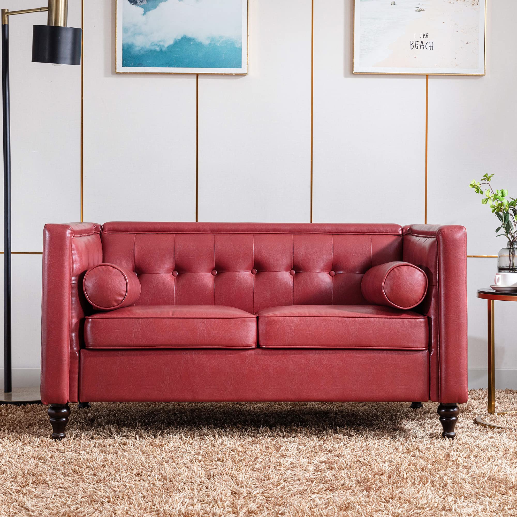 Dreamsir 52'' Faux Leather Loveseat Sofa - Mid Century Modern Small Couches for Living Room & Small Spaces - Wine Red Loveseat with 2 Bolster Pillows | Perfect for Apartments, Dorms, Cozy Reading Nooks & Compact Living Areas