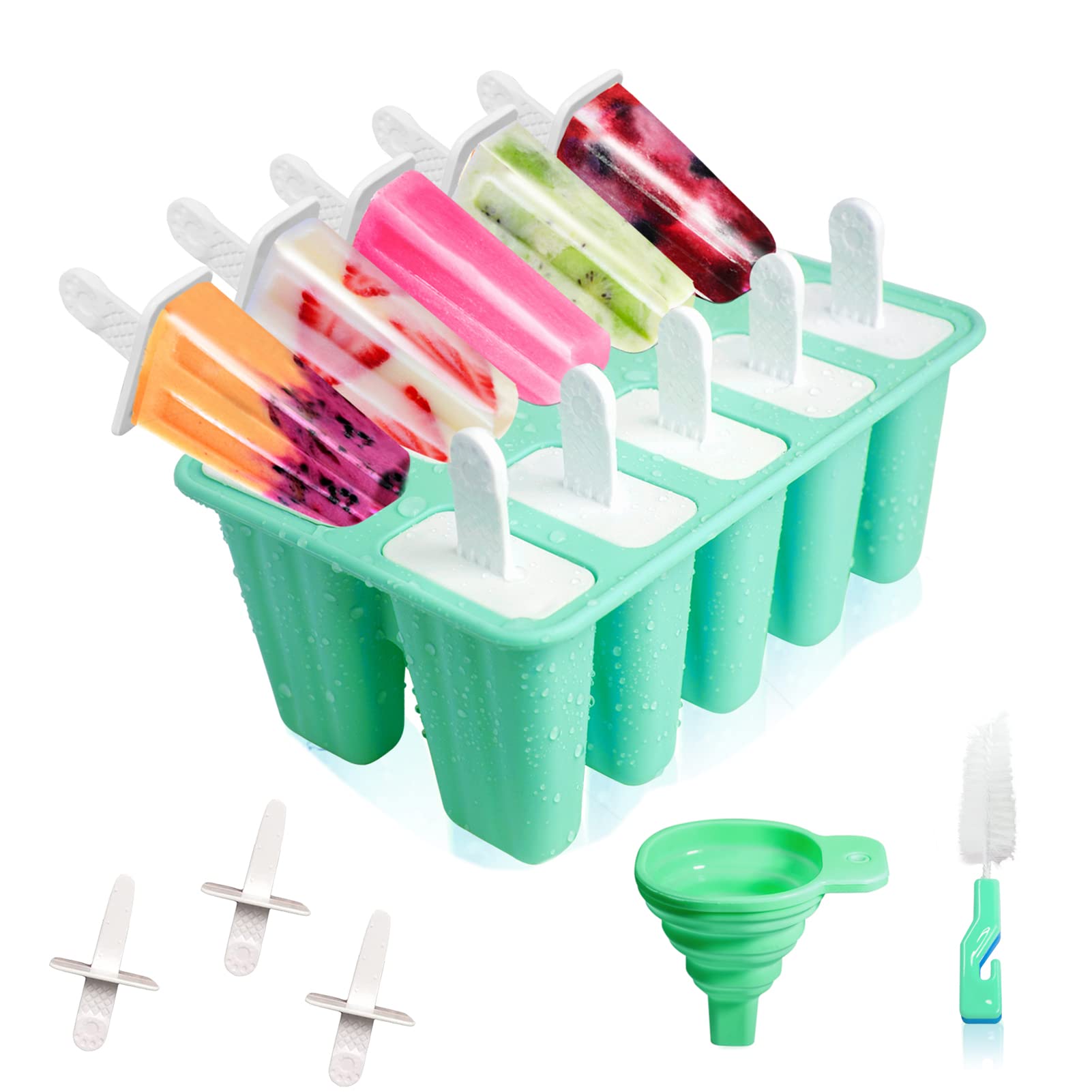 Meajore 10 Cavity BPA Free Silicone Popsicle Molds - Reusable Ice Pop Maker for Homemade Frozen Treats, Perfect for Summer Snacks, Kids Parties & Healthy Desserts (Green)