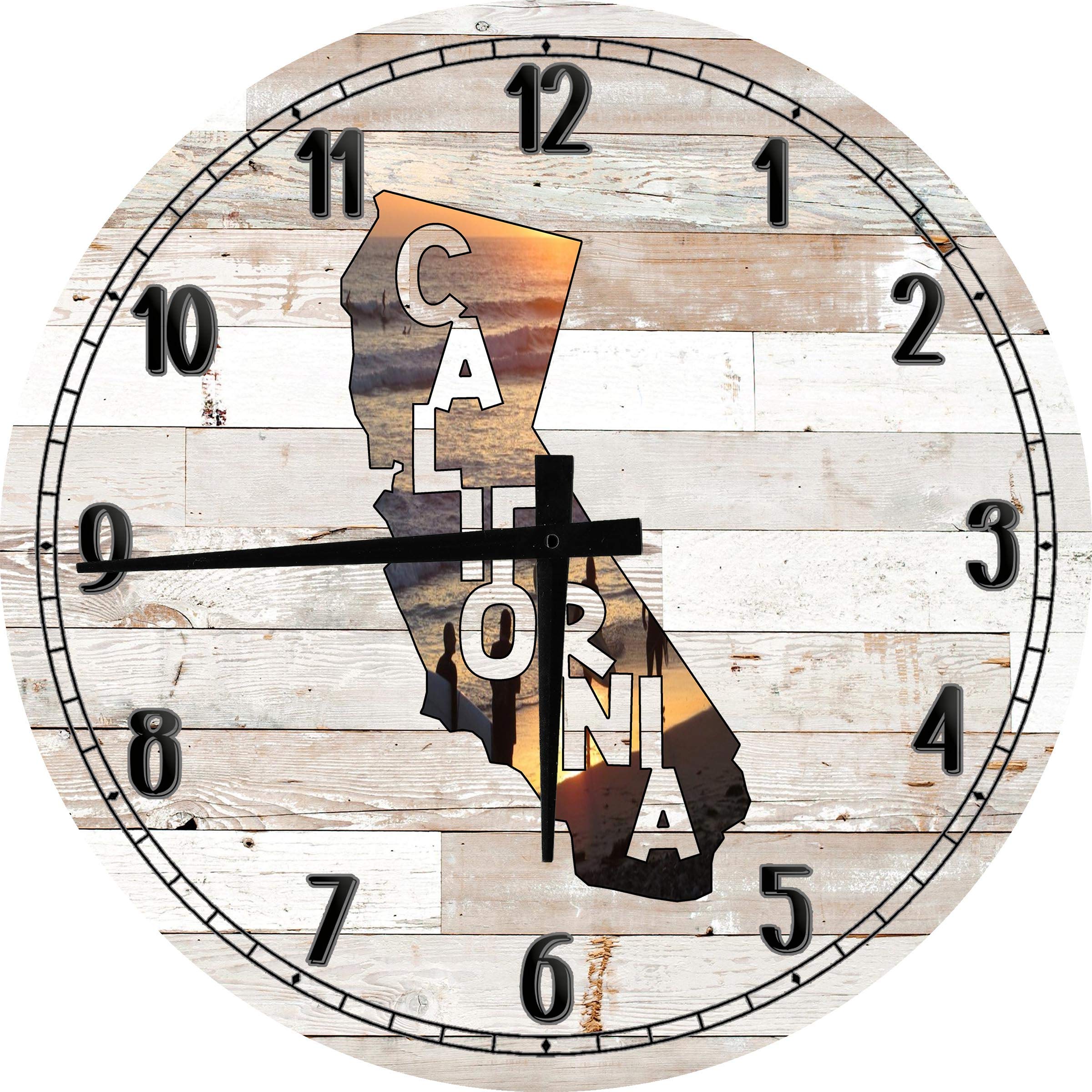 24 Inch Large Round Wall Clock - California Beach Sunset Ocean Decor, Battery Operated White Wall Art for Living Room, Bedroom & Office