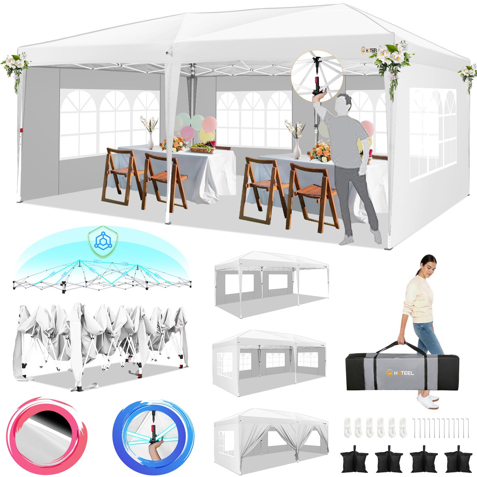 HOTEEL 10x20 FT Pop Up Canopy Tent with 6 Sidewalls - Waterproof & UV50+ Protection - Easy Setup for Outdoor Events, Weddings, Parties, Commercial Use - Includes 8 Wind-Resistant Rods & Carry Bag (White) - Perfect for Backyard Gatherings, Farmers Markets, and Beach Outings