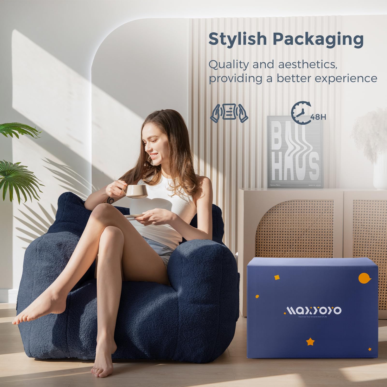 MAXYOYO Sherpa Bean Bag Chair - Soft Boucle Tufted Bean Bag Couch for Living Room, Bedroom & Game Room - Comfortable Lazy Sofa for Adults & Kids in Navy Blue - Perfect for Relaxing, Reading & Movie Nights