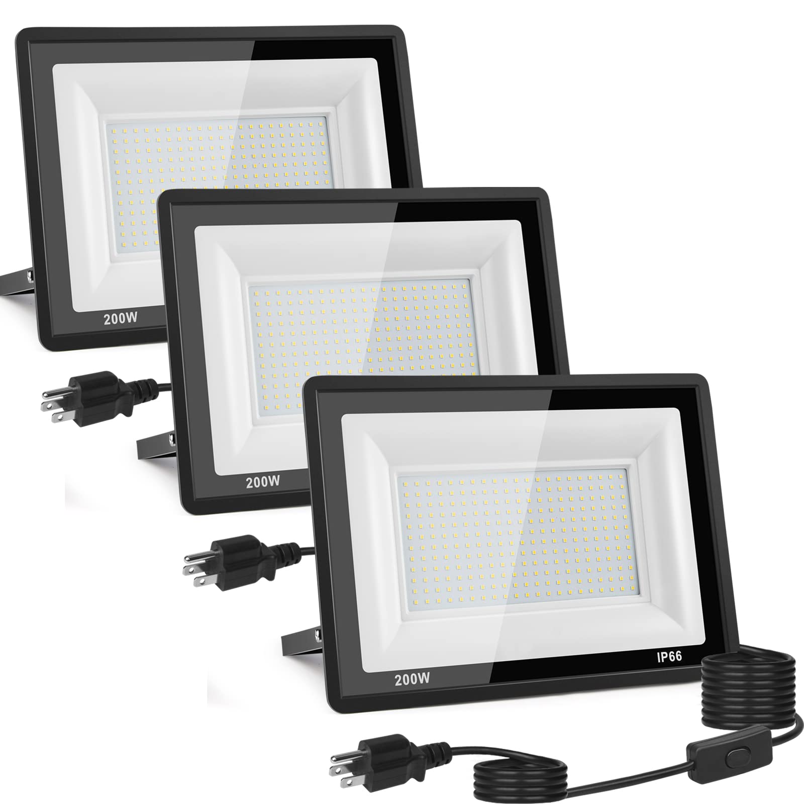 200W LED Flood Light Outdoor 3-Pack - 20000LM High Brightness Waterproof Work Light with Plug & Switch - IP66 Security Lighting for Yard, Garage, Warehouse (5000K Daylight White) - Perfect for Construction Sites, Parking Lots & Emergency Lighting
