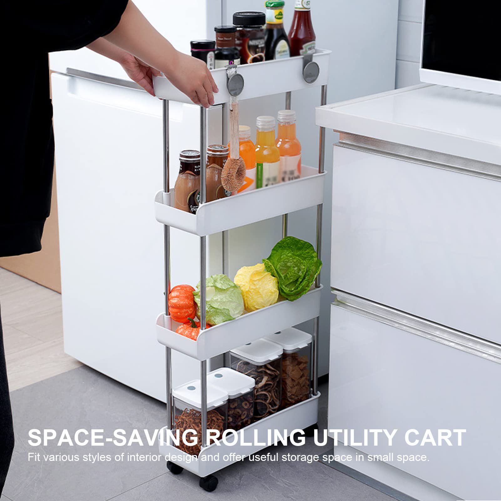 3-Tier Rolling Utility Cart with Wheels & Hanging Hooks - Multifunctional Storage Organizer for Kitchen, Bathroom, Office | Portable Standing Shelf & Service Trolley | Perfect for Home Organization, Restaurant Supplies & Workplace Storage