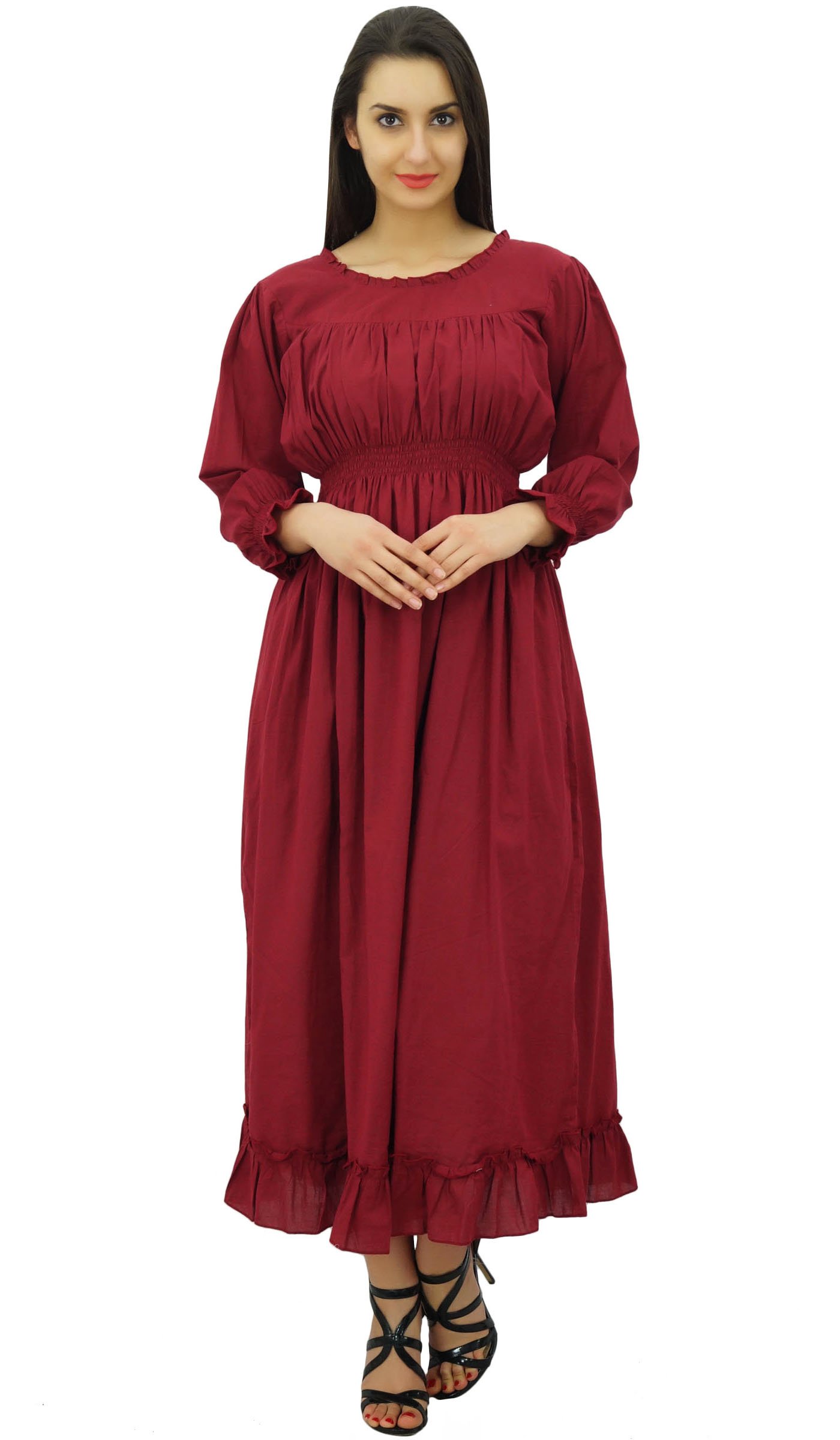 Bimba Women's Cotton Smocked Waist Long Casual Maxi Dress - Flowy Summer Beach Dress for Vacation, Date Night & Outdoor Events