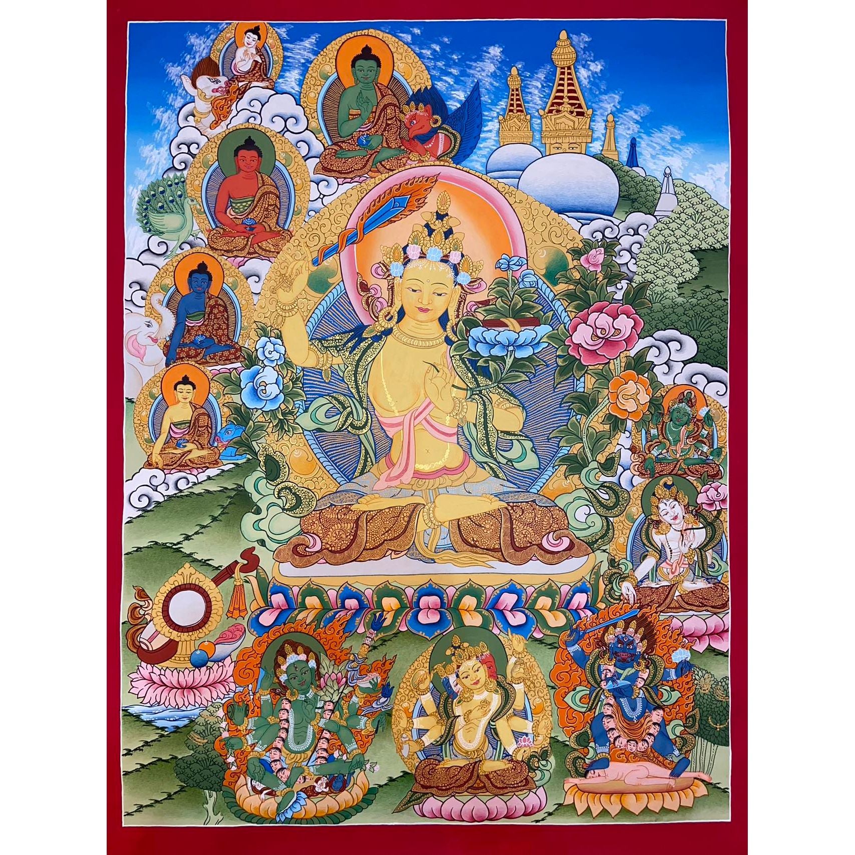 Authentic Manjushri Thangka Painting - Handmade Tibetan Buddhist Wall Art for Meditation & Home Decor | Perfect for Spiritual Practice, Yoga Studios & Gift Giving