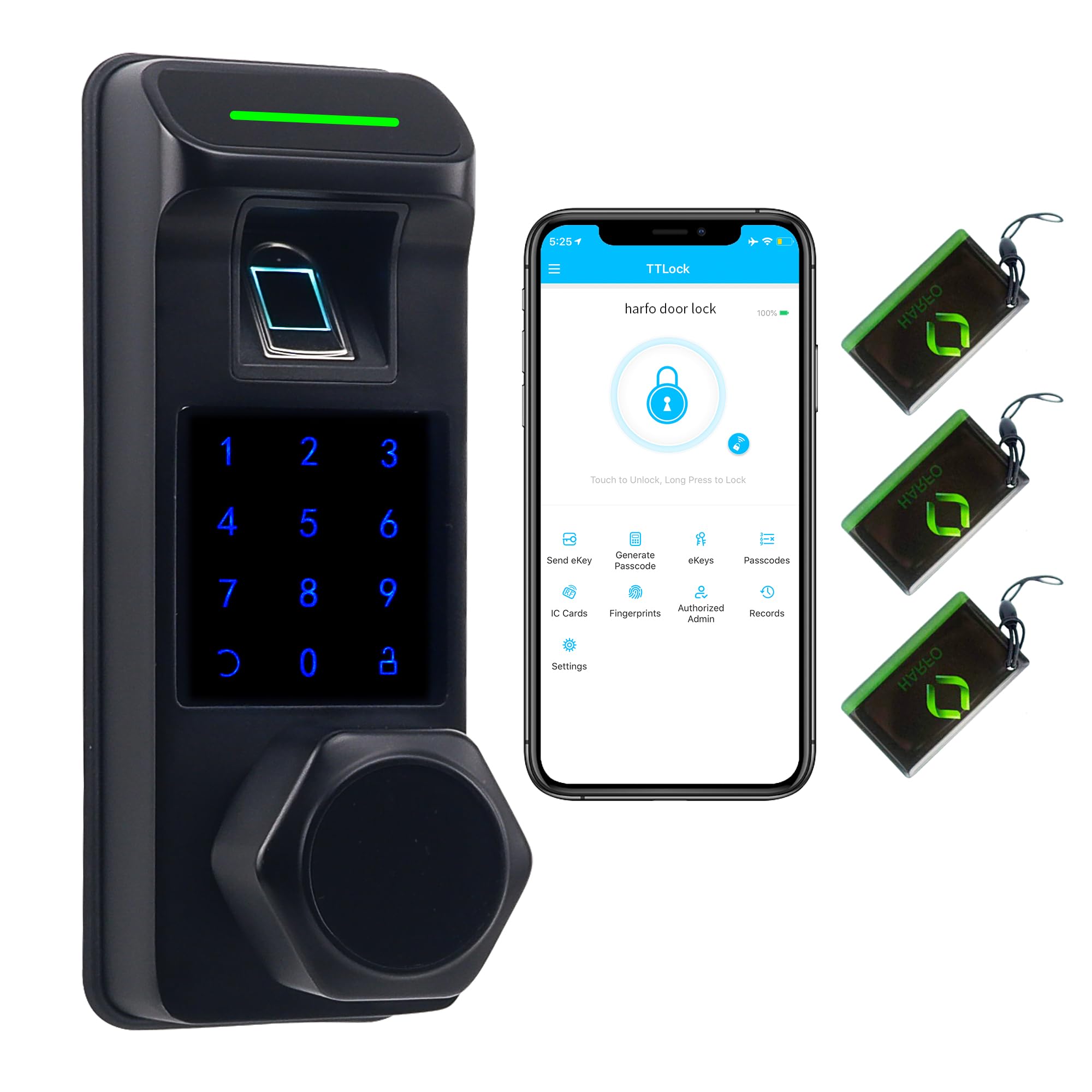 Harfo 5-in-1 Smart Fingerprint Door Lock - Heavy Duty Keyless Entry with Touchscreen Keypad, Bluetooth, Passcode & APP Control - Secure Electronic Digital Lock for Home, Office & Apartment (Black)