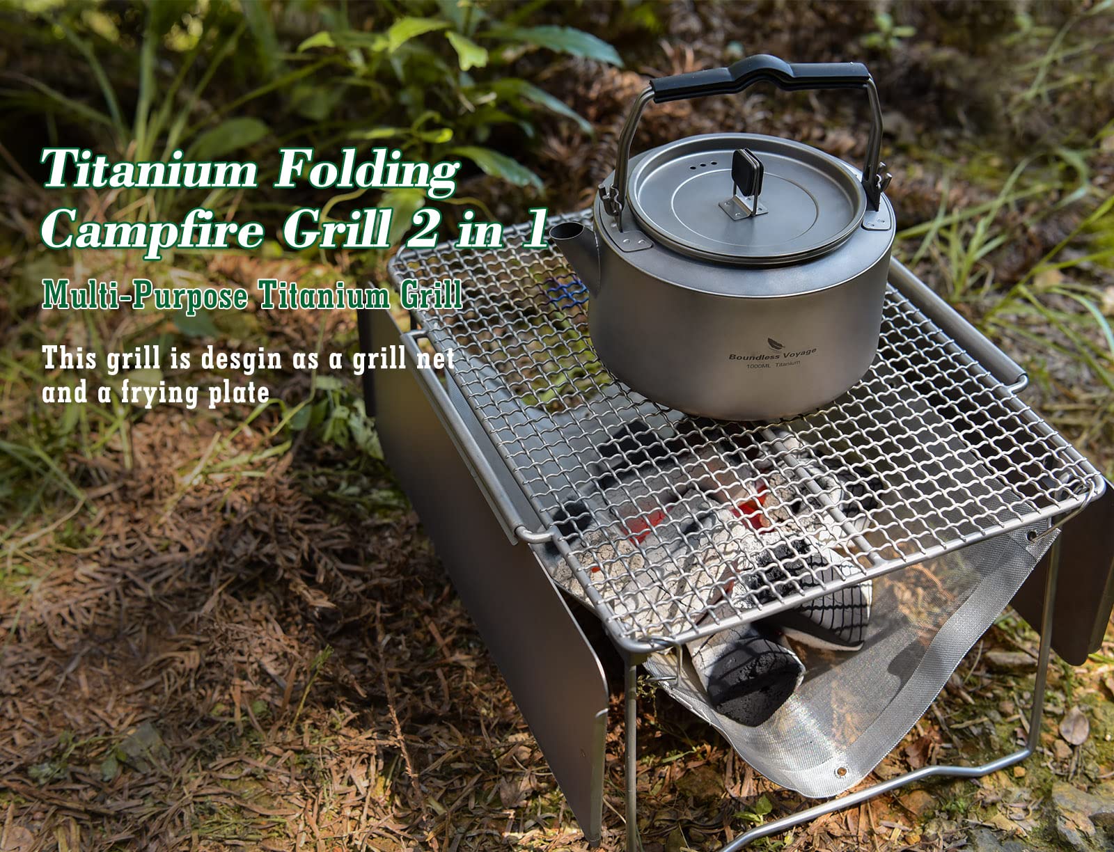 Boundless Voyage Titanium Folding Campfire Grill - Portable 2-in-1 BBQ Charcoal Grill & Camping Table with Collapsible Legs & Frying Plate - Perfect for Outdoor Picnics, Backpacking, and Camping Adventures