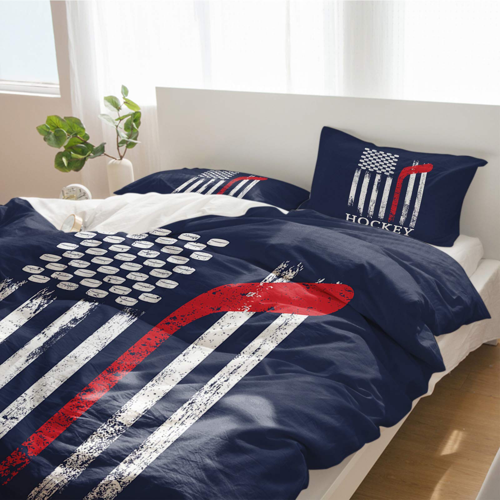 3-Piece American Ice Hockey Sports Bedding Set - Duvet Cover with 2 Pillow Shams, USA Flag Stripes Design for Kids, Teens, Men & Women | Perfect for Sports-Themed Bedrooms, Dorm Rooms & Fan Gifts