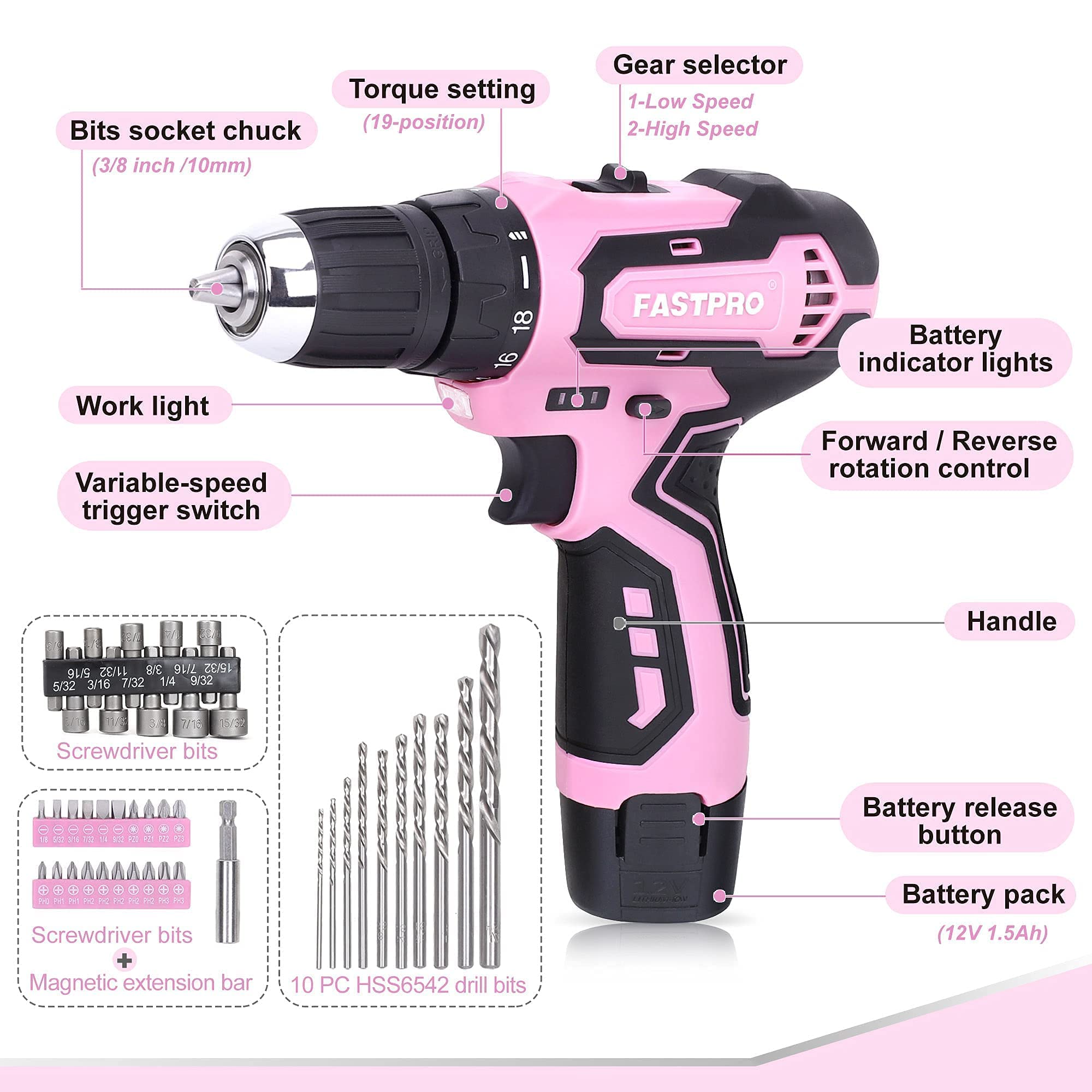 FASTPRO 220-Piece Pink Home Repair Tool Kit for Women - Includes 12V Cordless Lithium-Ion Drill Driver - Perfect for DIY Projects, Home Maintenance & Small Repairs
