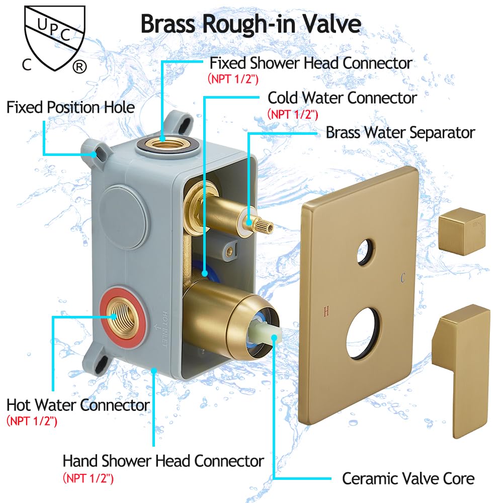 Brushed Gold Shower System - 8 Inch High Pressure Rainfall Showerhead with Handheld Sprayer | Wall Mount Bathroom Faucet Set with Rough-in Valve & Trim Kit | Perfect for Modern Master Bathrooms & Spa-Like Showers