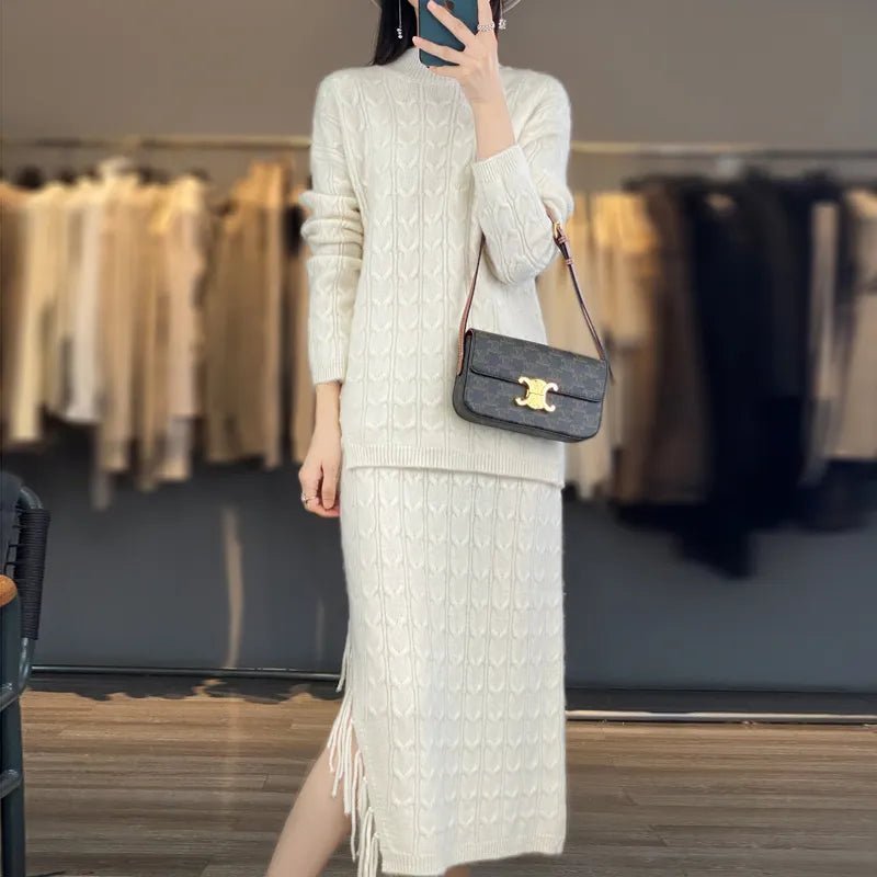Women's Autumn Winter Pure Wool Sweater Set - Semi High Neck Cashmere Knit Top & Tassel Skirt 2-Piece Outfit | Warm Winter Fashion for Office, Dating & Holiday Parties