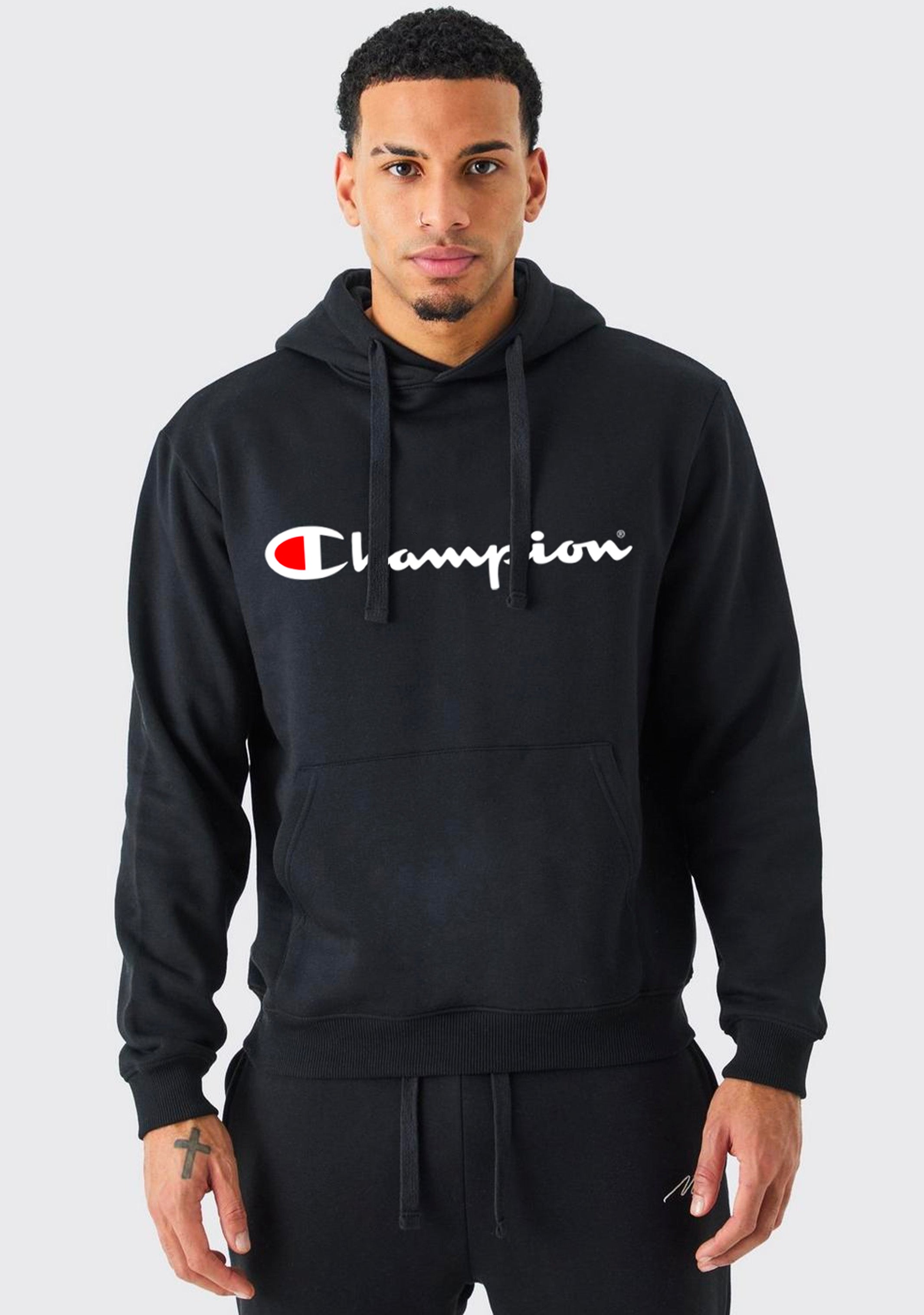 Champion Men's Script Logo Hooded Sweatshirt - Black | Casual Pullover Hoodie for Everyday Wear, Gym & Street Style