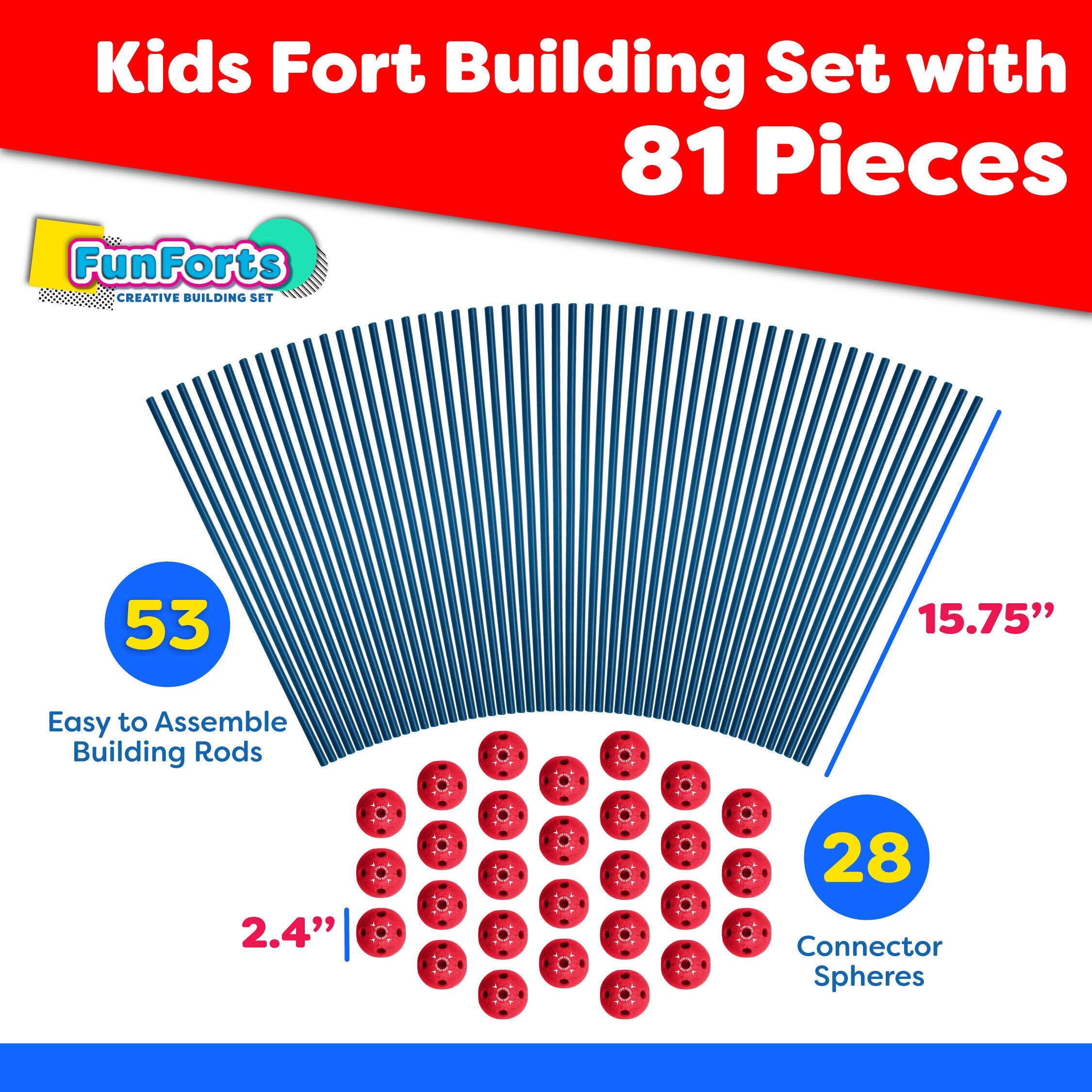 81-Piece STEM Fort Building Kit for Kids - Fun Fun Forts Play Tent with 53 Rods & 28 Spheres | Indoor/Outdoor Construction Toys | Educational STEM Learning & Creative Play (Red & Blue)