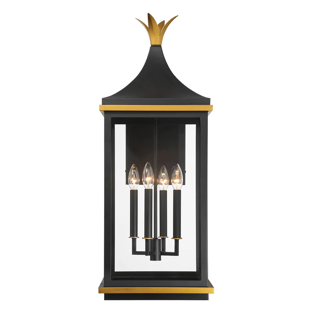 Simpson 4-Light Outdoor Wall Sconce - 12.25x31.5 Inch Matte Black Stainless Steel & Glass Fixture with Textured Gold Finish - 120V 4 E12 Candelabra Base LED Bulb Sockets - Perfect for Patio, Garden, Porch, Exterior Walls & Entryway Lighting
