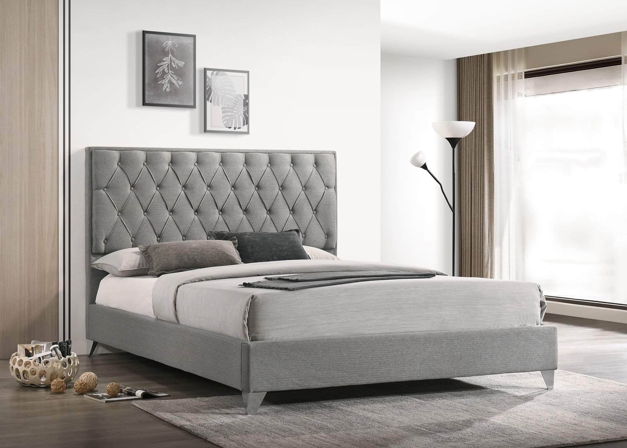 Windsor Diamond Pattern Button Tufted Platform Bed with Chrome Legs - Queen & King Size, Gray & Beige | Modern Bedroom Furniture for Master Suite or Guest Room