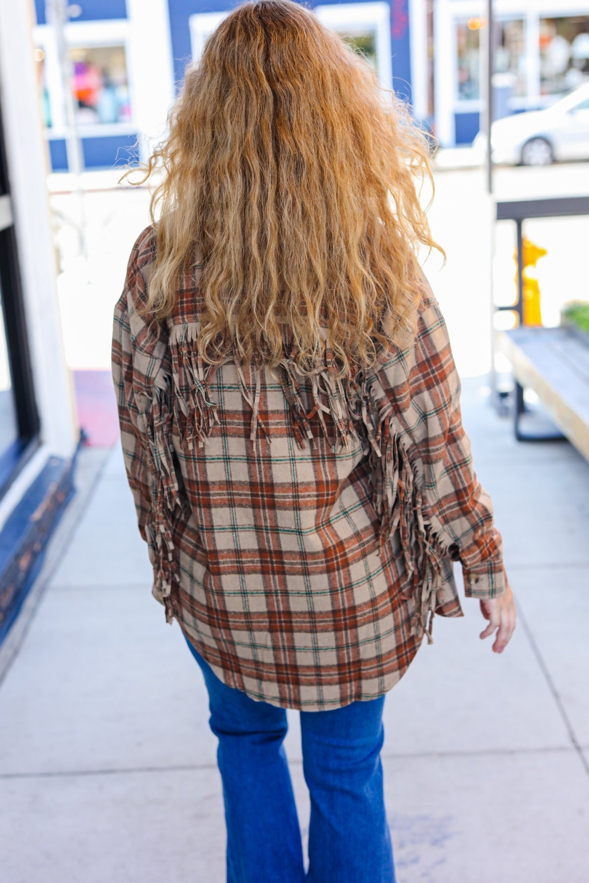 Stylish Taupe & Rust Flannel Plaid Fringe Jacket for Women - Cozy Fall Winter Layering Essential | Perfect for Outdoor Adventures, Casual Outings & Date Nights