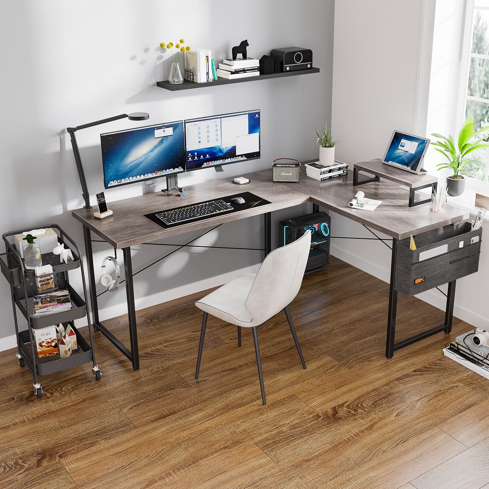 ODK 59 Inch L-Shaped Modern Gray Oak Computer Desk - Home Office & Gaming Workstation with Monitor Shelf, Space-Saving Design for Small Rooms & Apartments