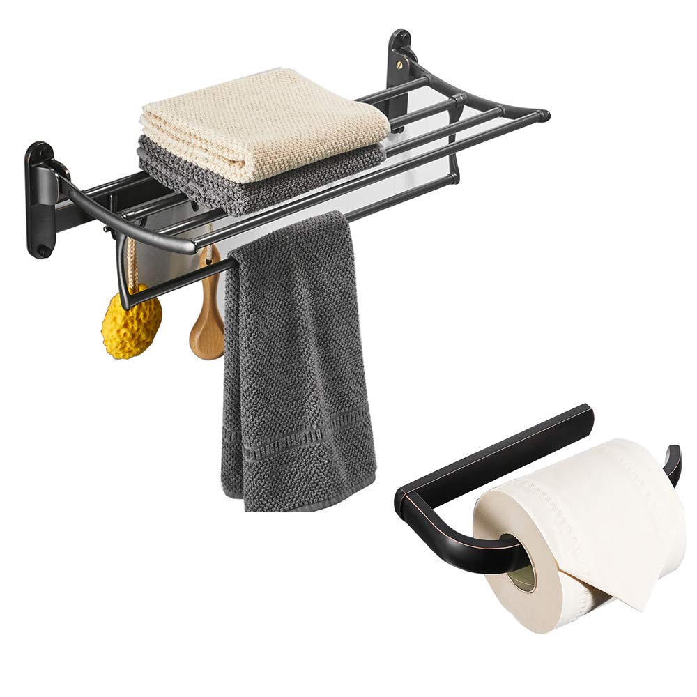 BESy Brass Toilet Paper Holder with Oil Rubbed Bronze Finish - Foldable Towel Bar, Bathroom Shelf & Hooks - Perfect for Modern Bathroom Decor & Space-Saving Storage