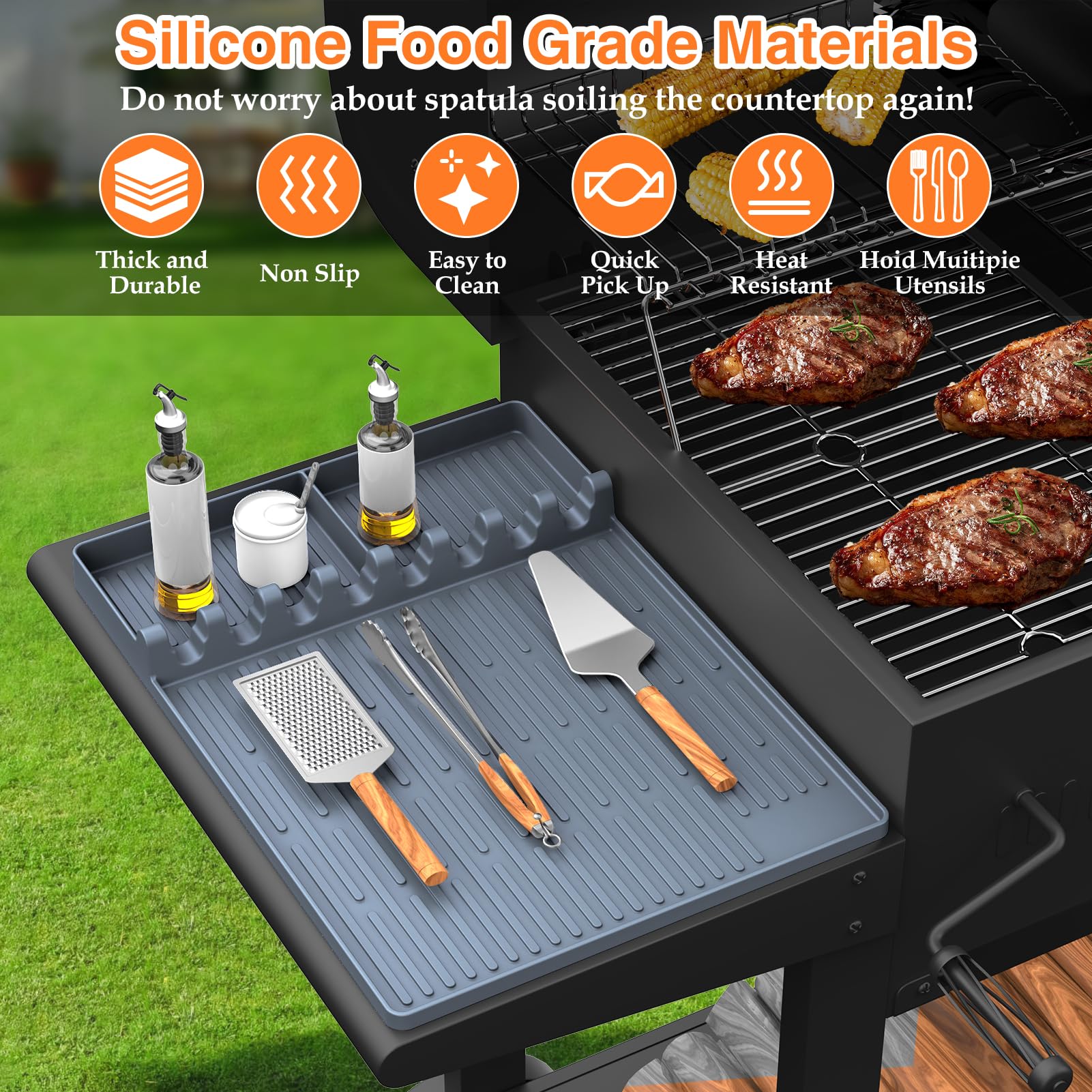 Non-Slip Silicone Griddle Mat for Blackstone - Heat-Resistant Grill Accessories with Drip Pad & Spatula Holder - Perfect for Outdoor Cooking, Camping & Backyard BBQs (Grey)