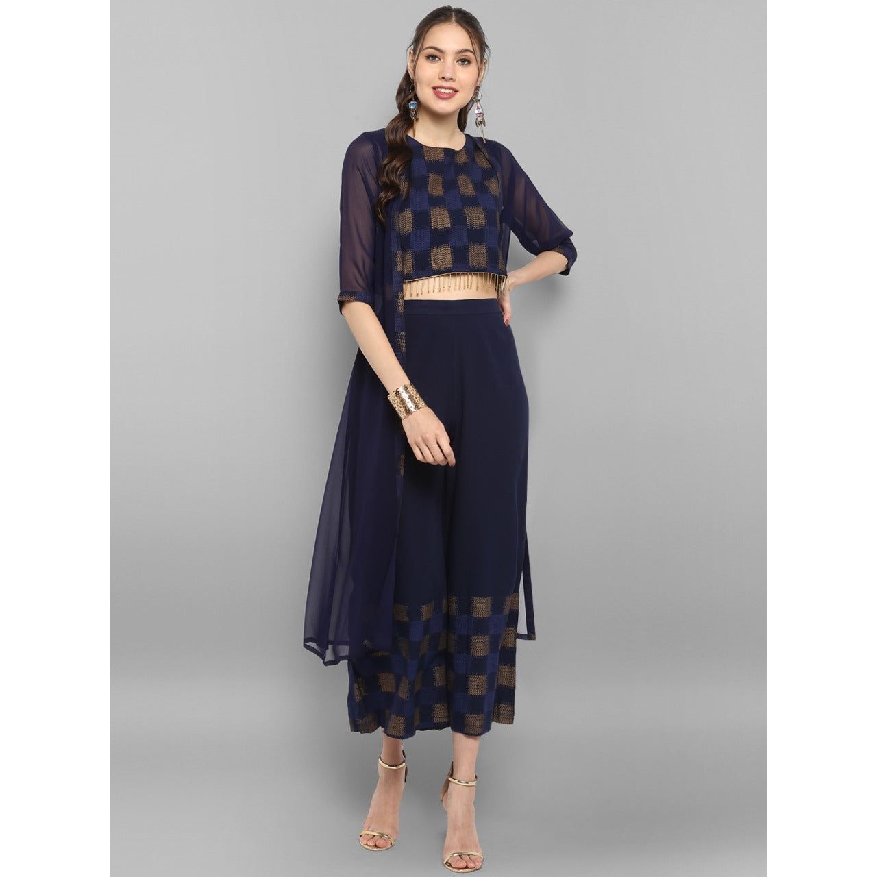 Stylish Dark Blue 3 Piece Women's Ethnic Outfit Set | Indian Fusion Kurti with Dupatta & Palazzo | Perfect for Festivals, Weddings & Cultural Events