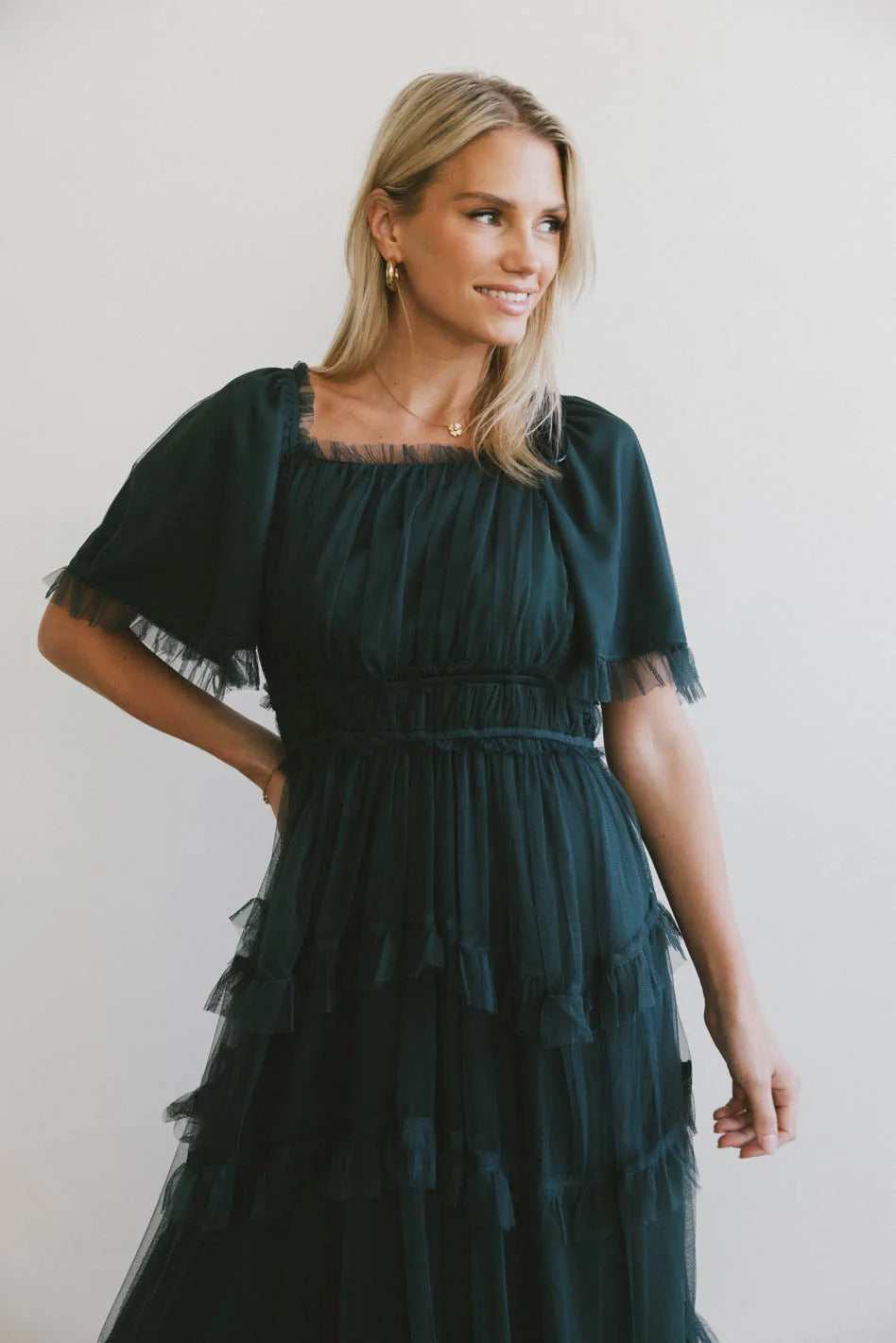 Eugena Ruffled Maxi Dress in Hunter Green - Flowy Summer Dress for Women, Beach Wedding Guest Outfit, Boho Chic Fashion | Final Sale