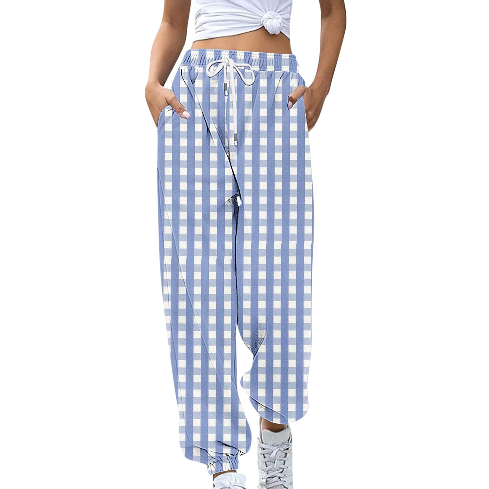 Women's High Waisted Plaid Joggers - Workout & Lounge Pants for Comfort