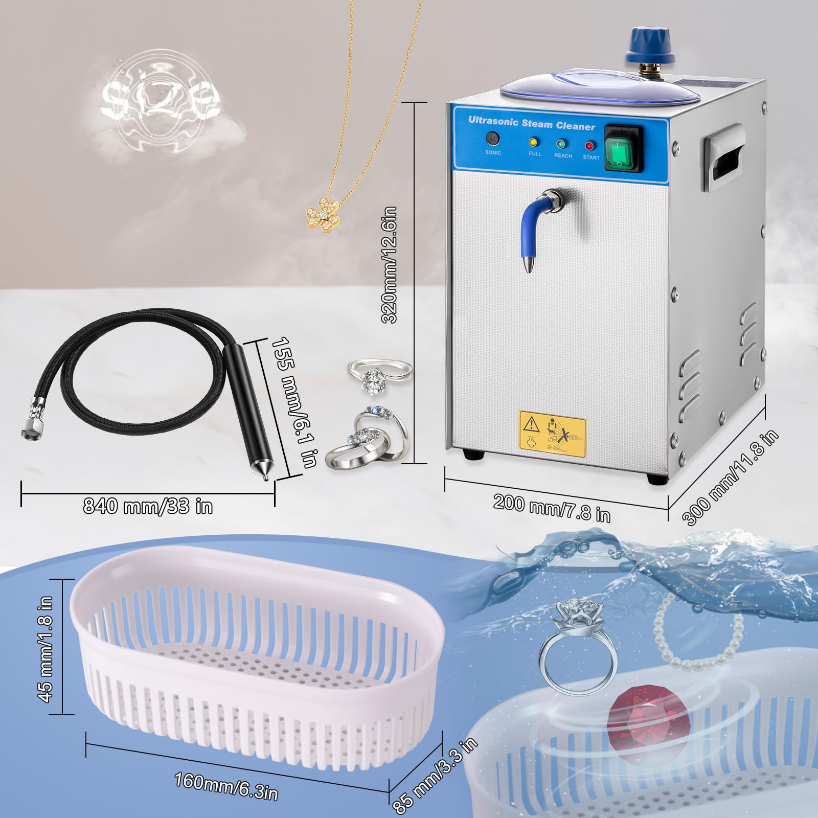 DZQ 2-in-1 Jewelry Steam & Ultrasonic Cleaner - 1200W Steamer & 35W Ultrasonic Cleaner for Gold, Silver Jewelry, Watches, Eyeglasses, Dentures - Professional Cleaning Solution for Home & Jewelry Stores