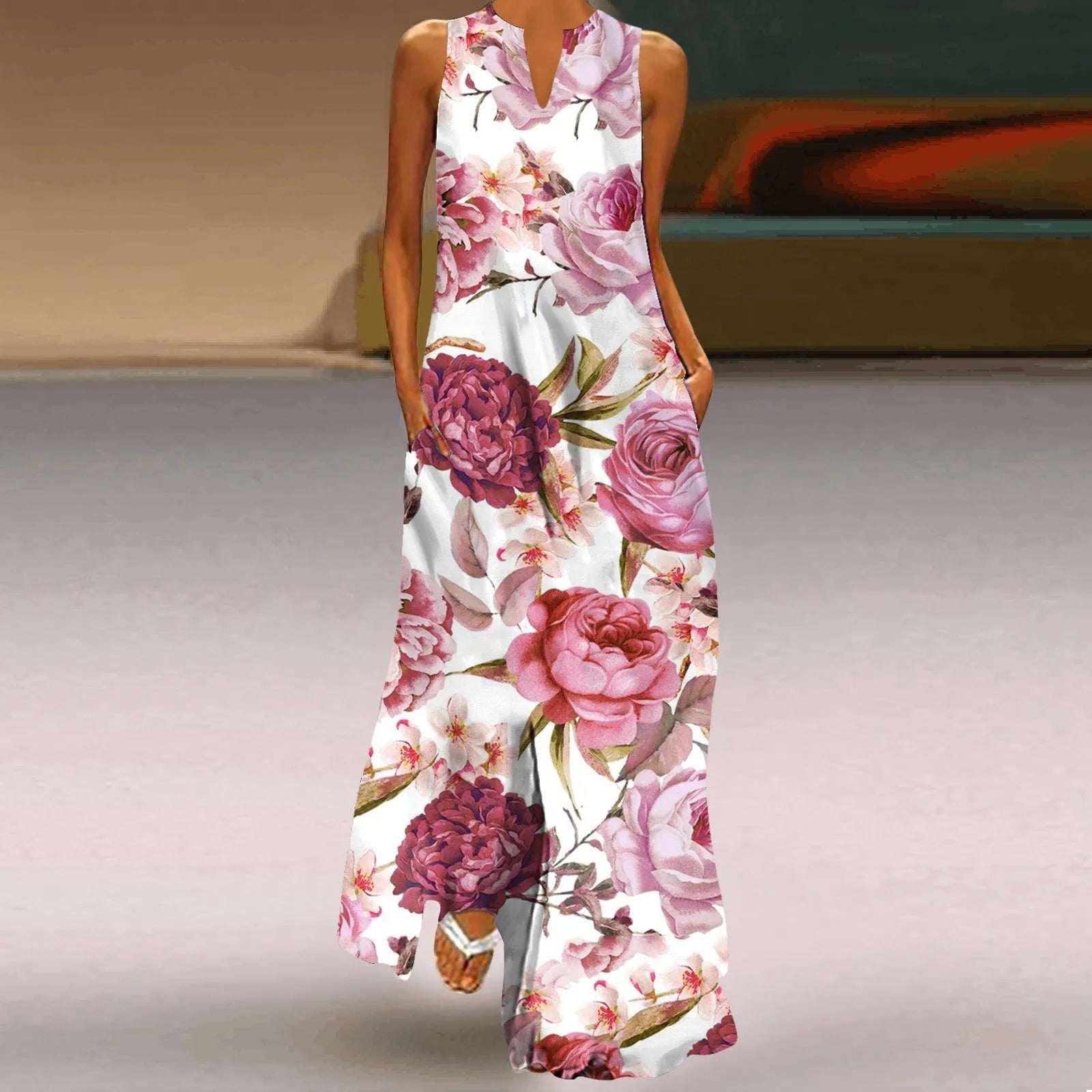 Stylish Women's Floral Print Hollow V-Neck Maxi Dress - Sleeveless Loose Fit Summer Beach Dress for Vacation, Seaside Outings & Boho Chic Occasions