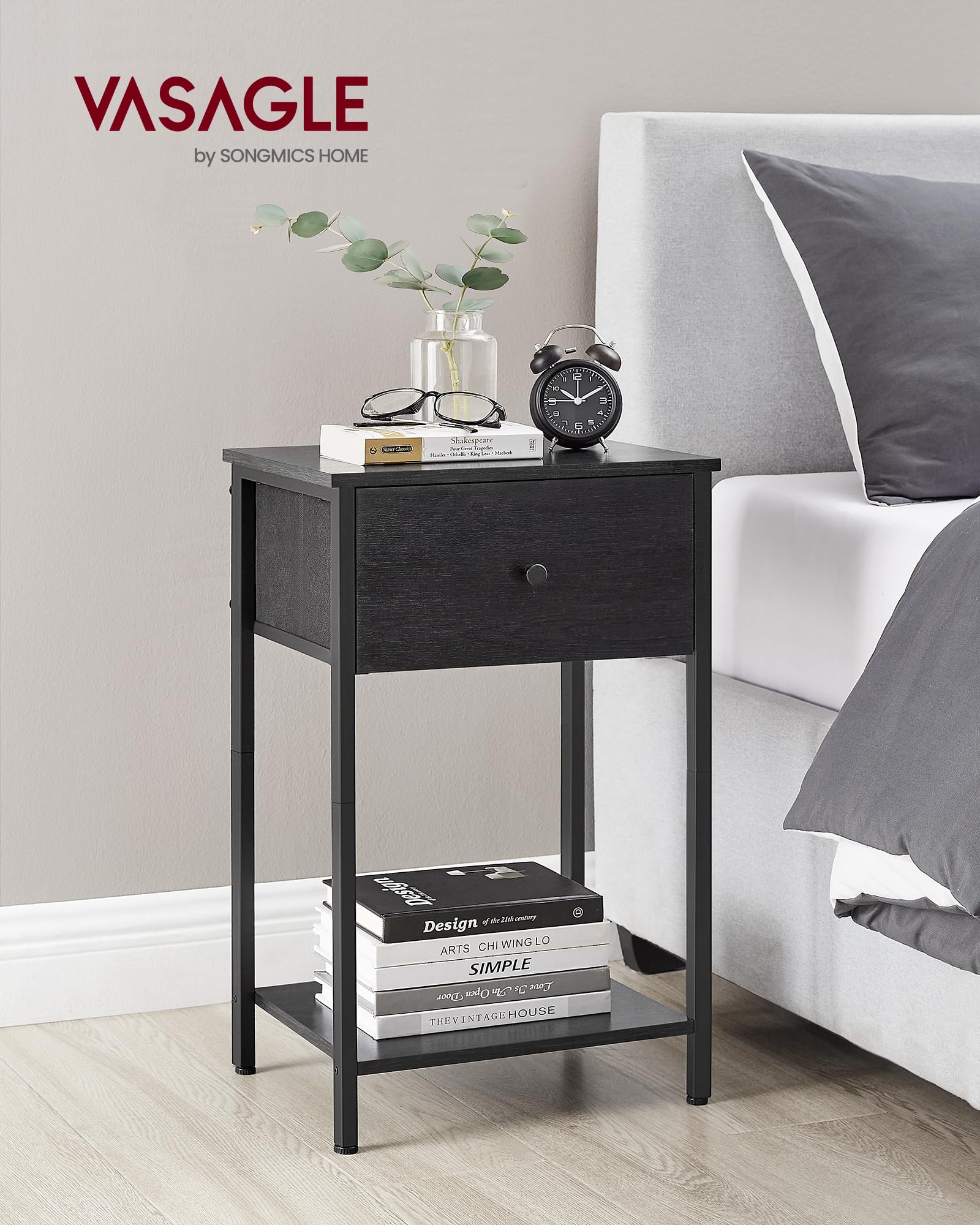 VASAGLE 2-Piece Nightstand Set with Fabric Drawer and Storage Shelf, 24-Inch Tall End Table for Bedroom - Black ULGS221B21 | Perfect for Small Spaces, Guest Rooms & Apartment Living