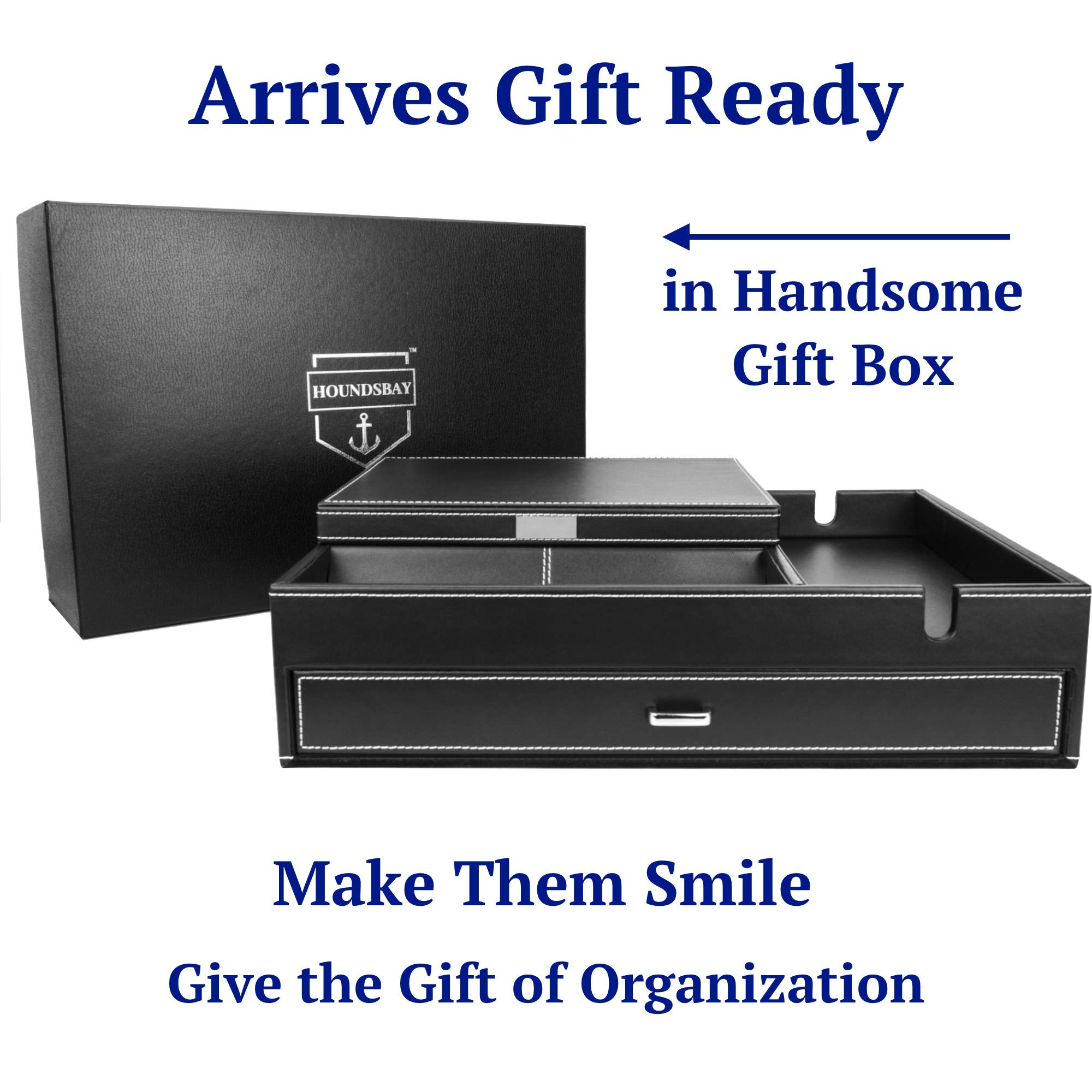 Men's Jewelry Box Organizer & Valet Tray - Wooden Watch Case Holder with Key Tray - Nightstand Organizer for Rings, Watches & Accessories - Perfect for Bedroom, Dresser & Travel Storage