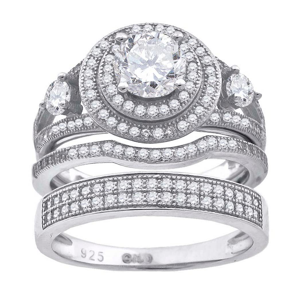 925 Sterling Silver His & Hers CZ Cubic Zirconia Simulated Diamond Trio Ring Set - Wedding, Anniversary, Engagement Jewelry Gift for Couples (Sizes 6-9) - Perfect for Valentine's Day, Proposals & Romantic Occasions