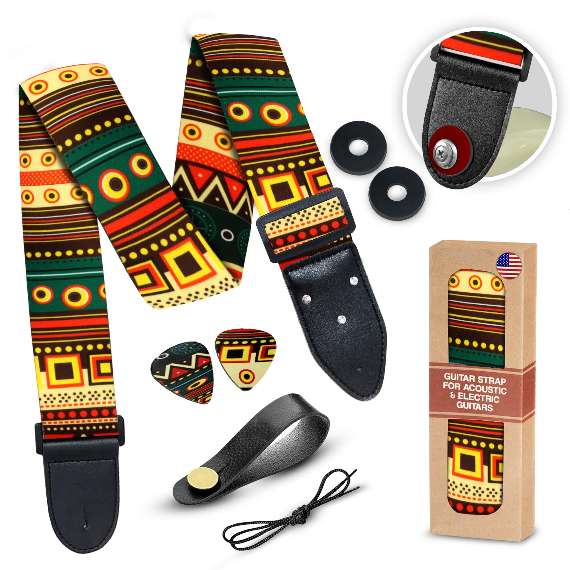 Vintage Aztec Color Adjustable Guitar Strap with 2 Strap Locks & 2 Unique Picks - Compatible with Bass, Electric & Acoustic Guitars - Perfect Gift for Musicians - Ideal for Live Performances, Studio Sessions & Practice