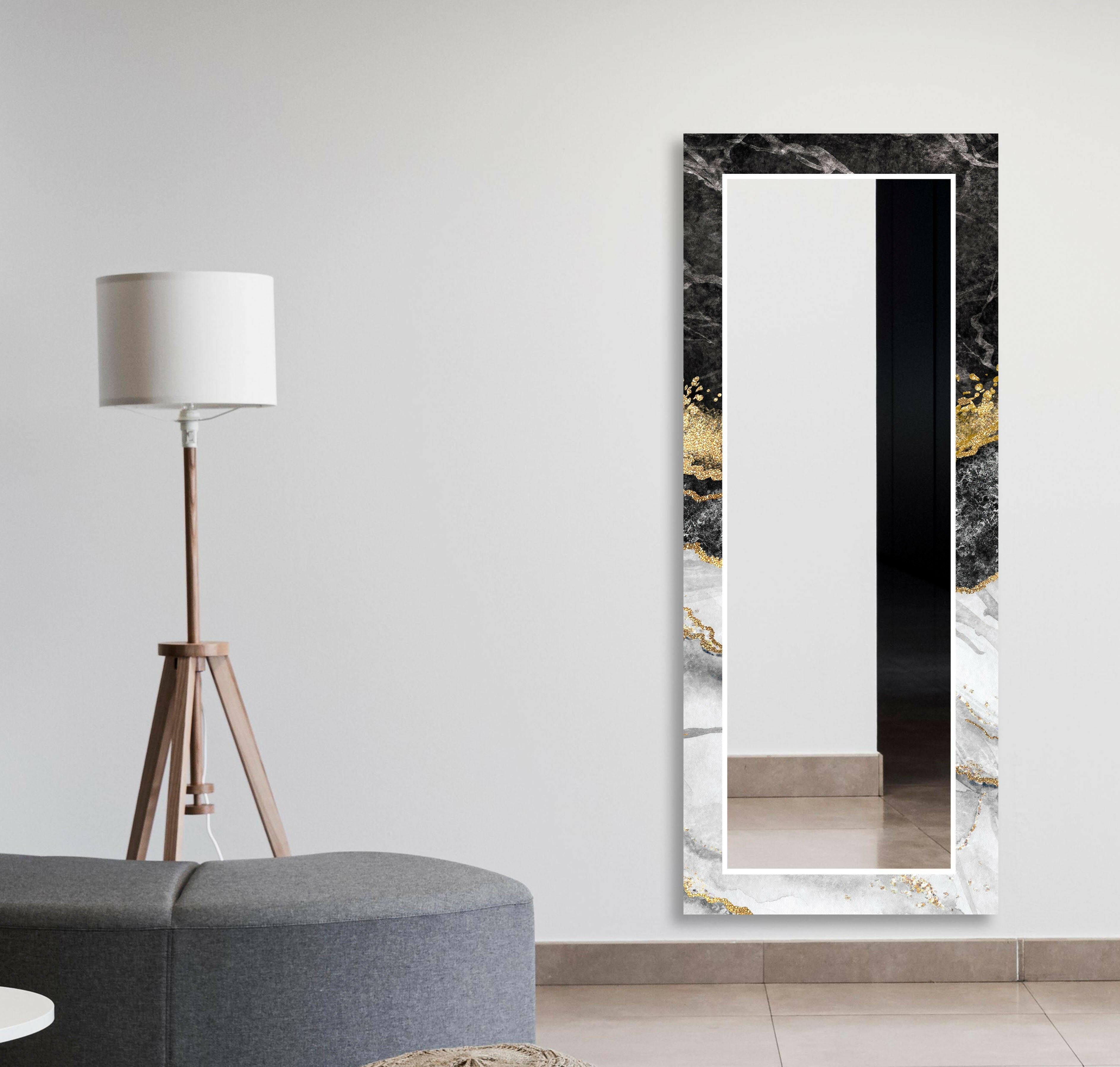 Elegant Black Marble Gold Frame Wall Mirror - Modern Home Decor for Living Room, Bedroom & Entryway