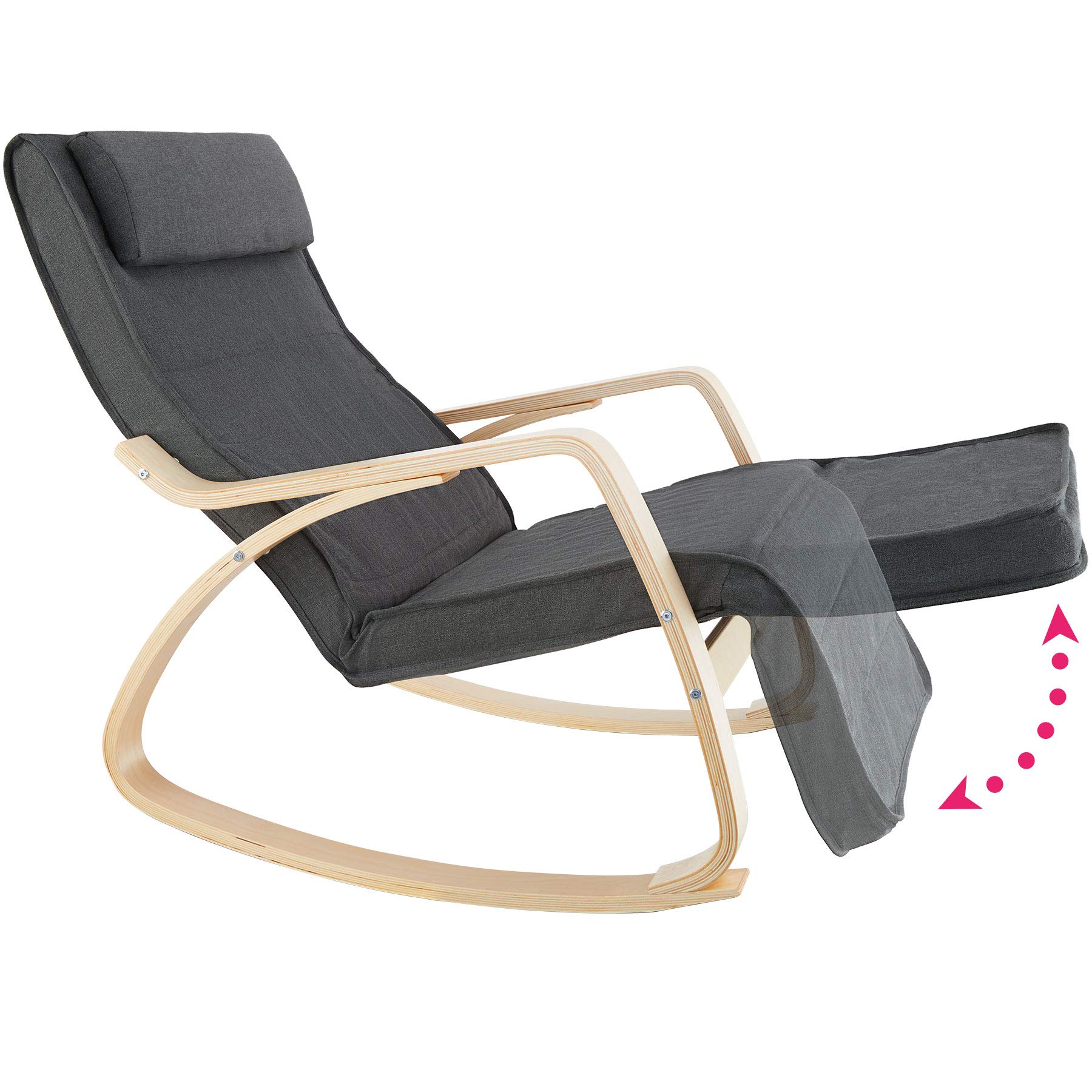 Tectake® Ergonomic Rocking Chair with Adjustable 5-Position Footrest, Soft Cushion with Zipper, Non-Slip Pads, Sturdy Frame - Dark Gray - Perfect for Living Room, Reading Nook & Relaxation