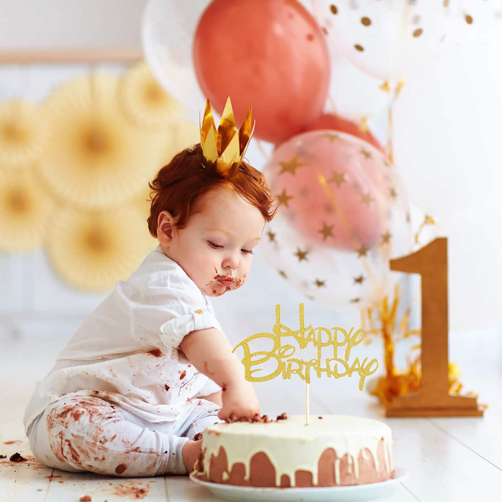 Golden Happy Birthday Cake Topper - Glittery Gold Cake Decorations for Birthday Parties, Photo Booth Props & Cake Smash Celebrations | Elegant Gold Paper Cake Topper Flags for Wedding, Baby Shower & Anniversary Cakes