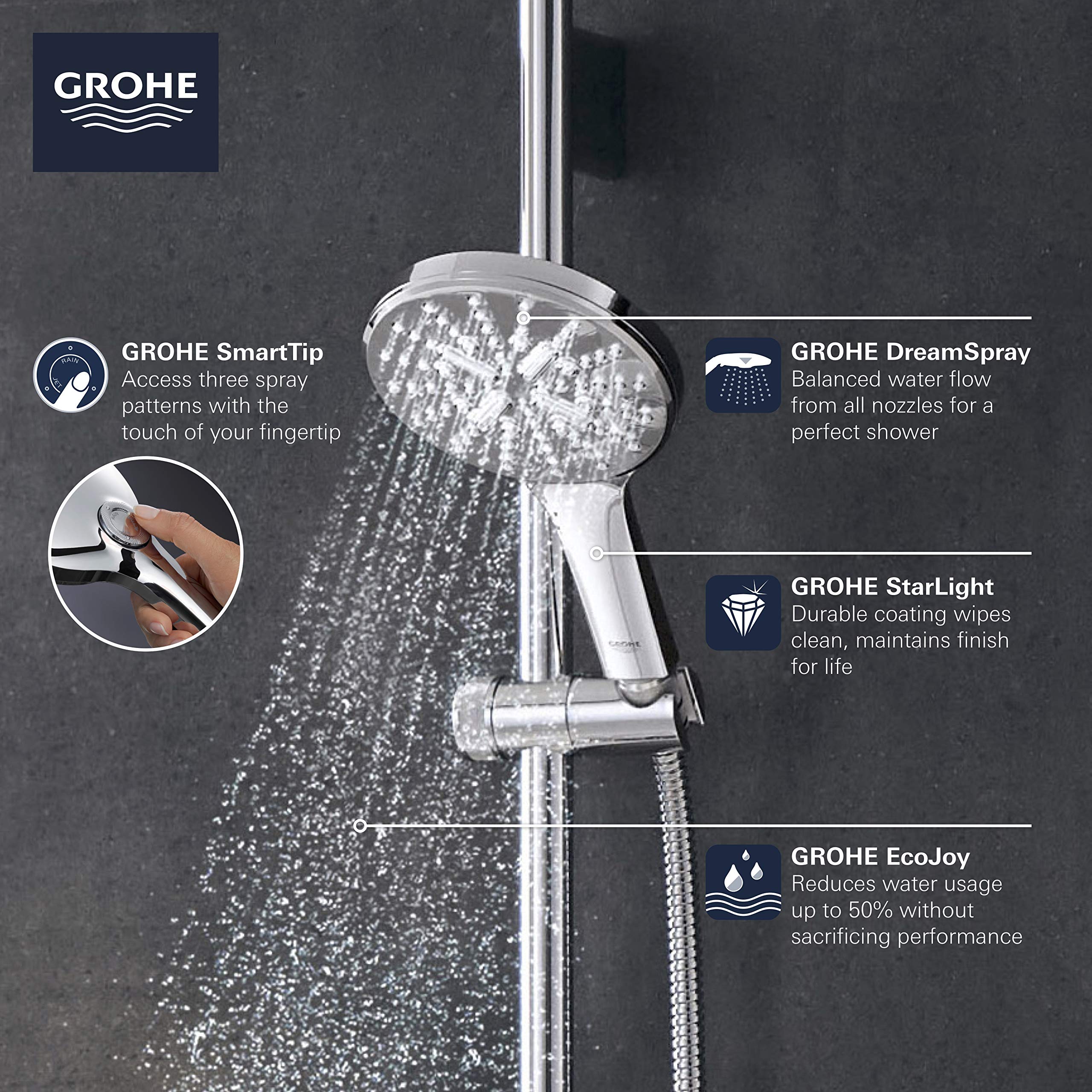 GROHE 26545EN0 3-Setting Handheld Shower Head with Rain Jet - Brushed Nickel Infinity Finish for Spa-Like Bathroom Experience