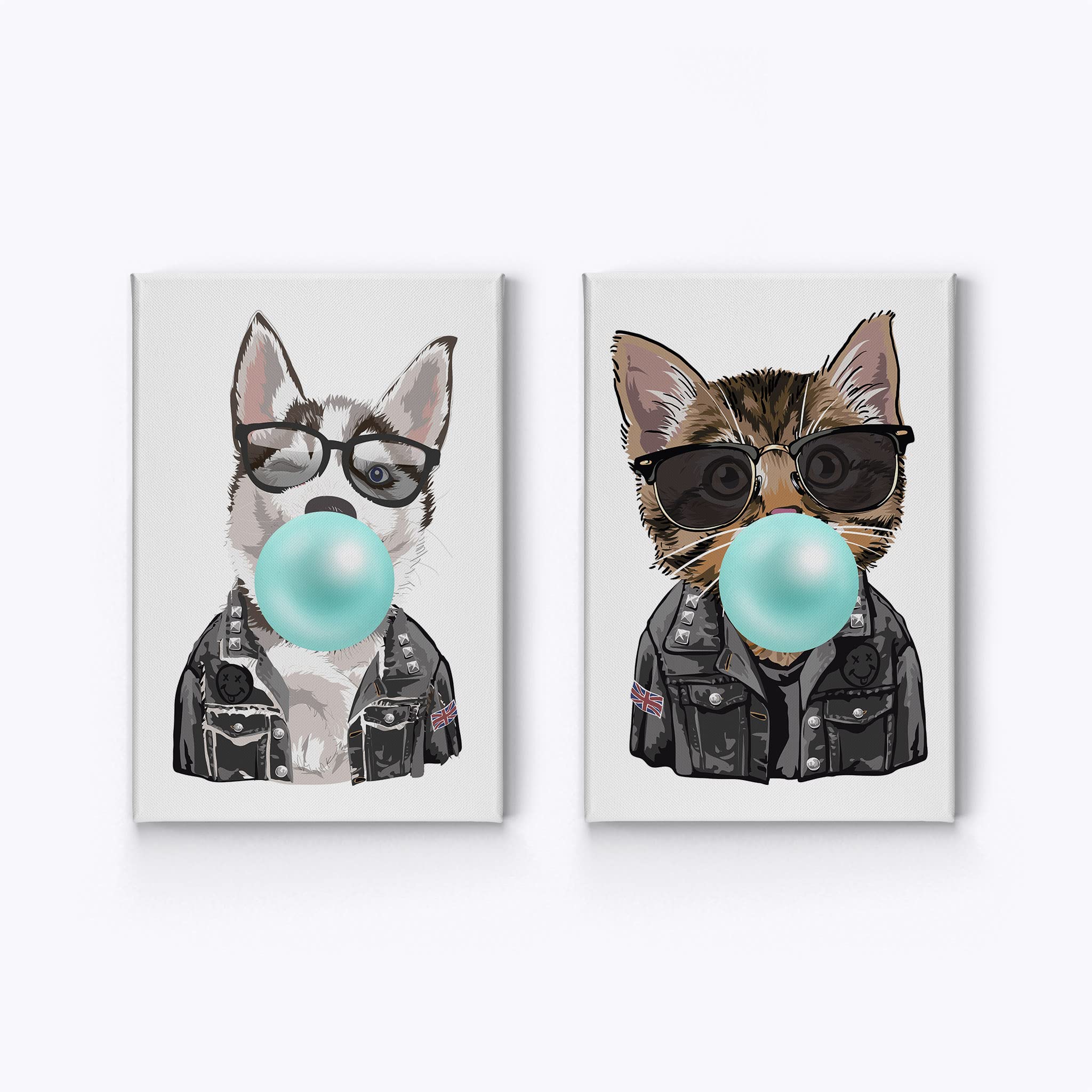 Husky Dog and Cat Chewing Bubble Gum Canvas Wall Art Set - 2 Piece Animal Pop Art Prints for Living Room, Bedroom, Nursery Decor (22x15 Inches) - Perfect for Pet Lovers and Modern Home Decor