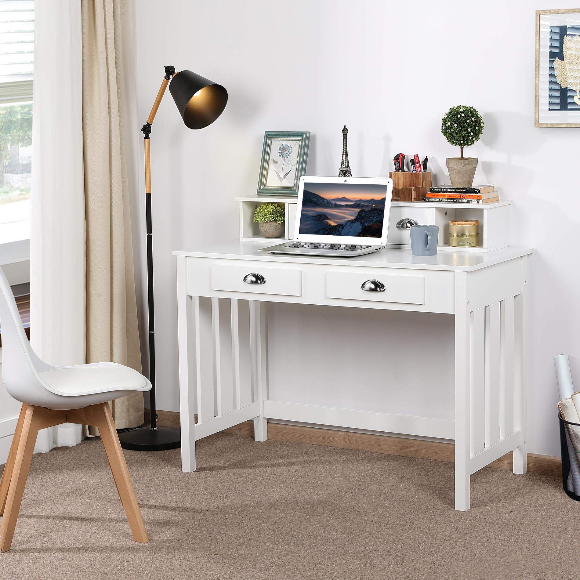 Yaheetech White Writing Computer Desk with Removable Floating Organizer & 4 Drawers - 2 Tier Hutch Workstation for Home Office, Study, Gaming & Workspace Organization