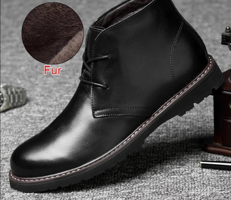 **Men's Genuine Leather Fur-Lined Ankle Boots - Warm Winter & Autumn Comfort, Soft Handmade Business Casual Shoes - Plus Size 48 - Ideal for Office, Travel & Outdoor Activities**