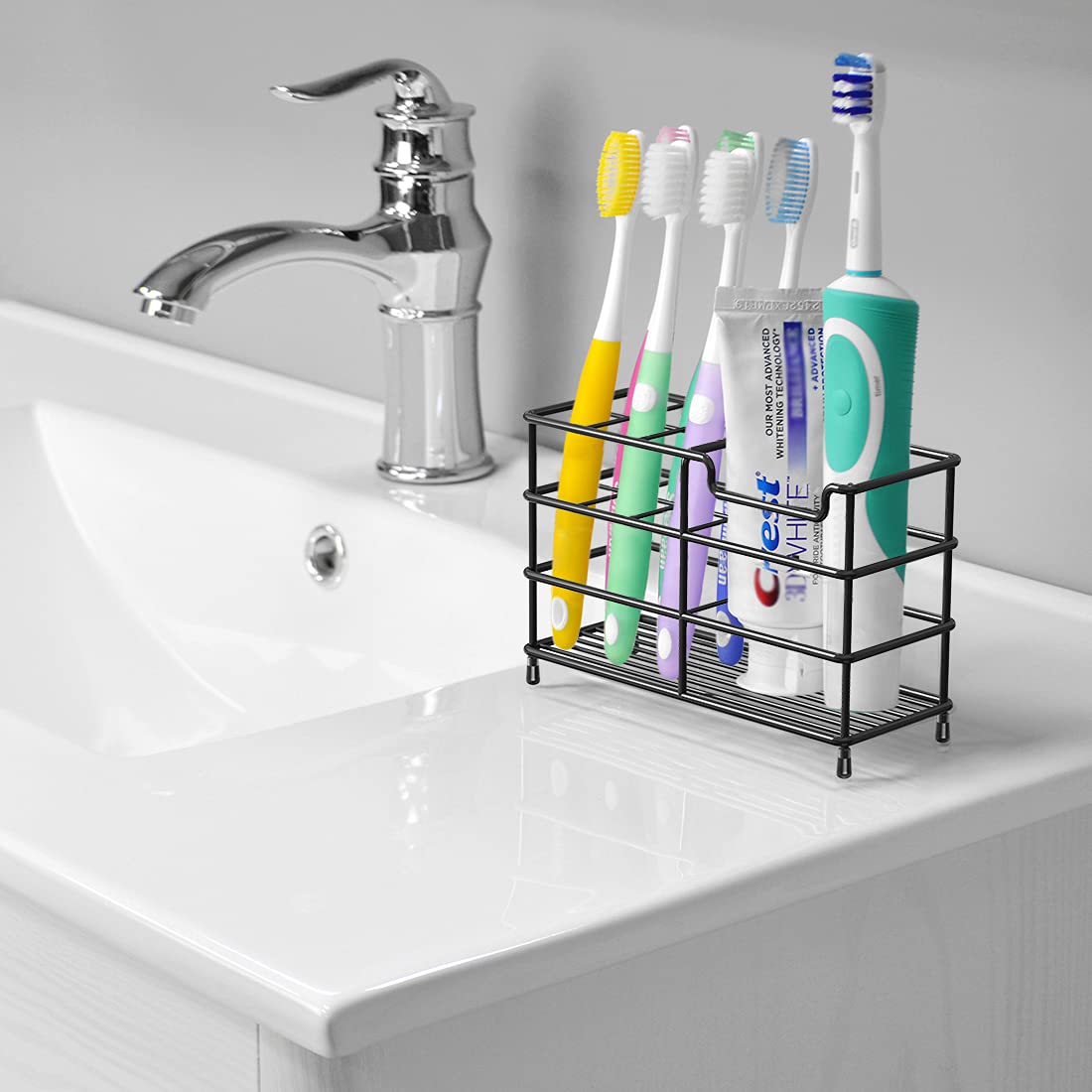 Stainless Steel Toothbrush Holder for Shower - 7 Slot Wall Mount or Countertop Organizer - Compatible with Colgate Extra Clean & Oral-B CrossAction Brushes - Bathroom Storage Solution for Family or Travel Use