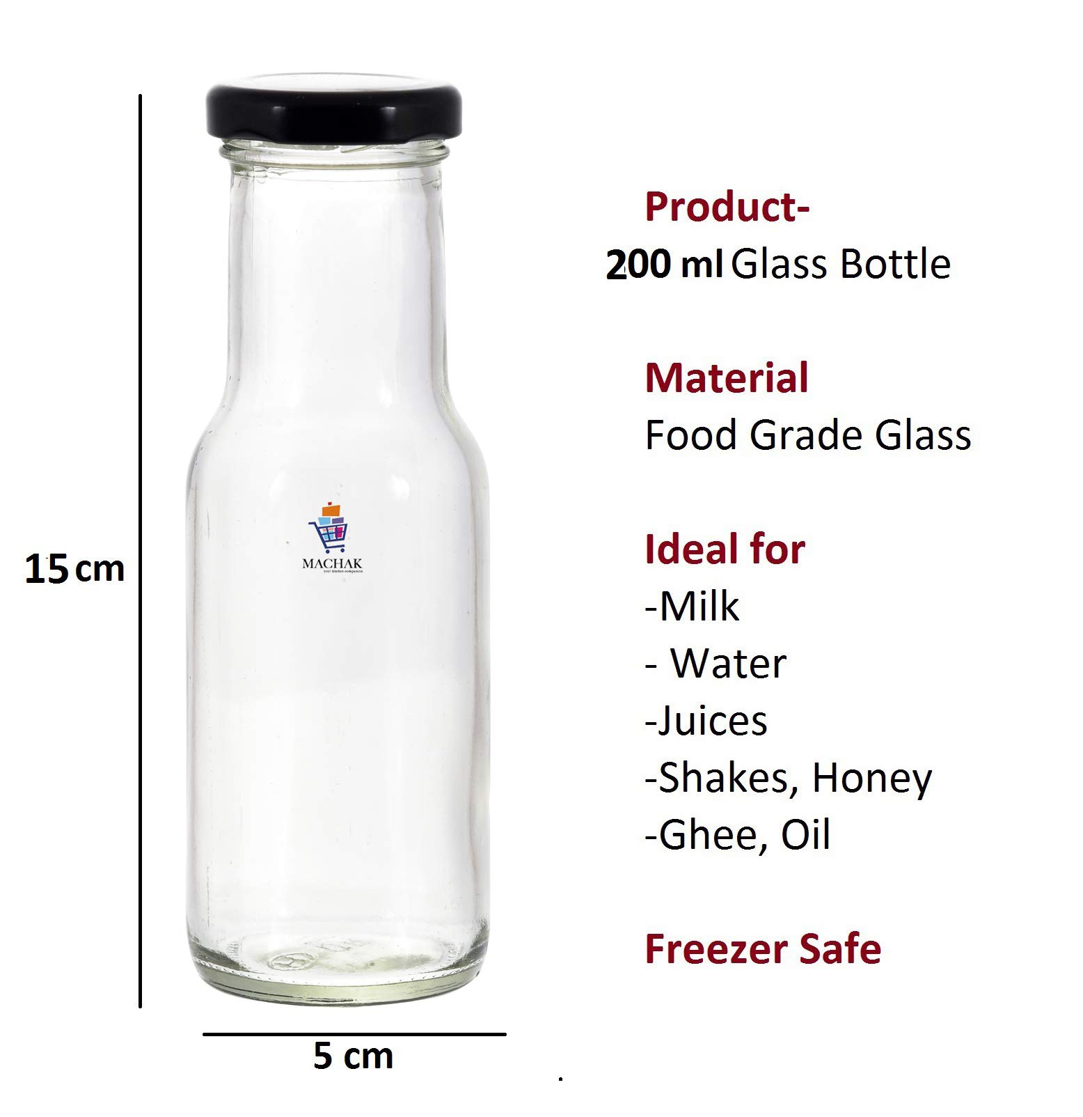 200ml Glass Bottles for Milk, Juice - 2 Pack with Rust Proof & Airtight Black Lids - Perfect for Homemade Beverages, Meal Prep & Office Drinks