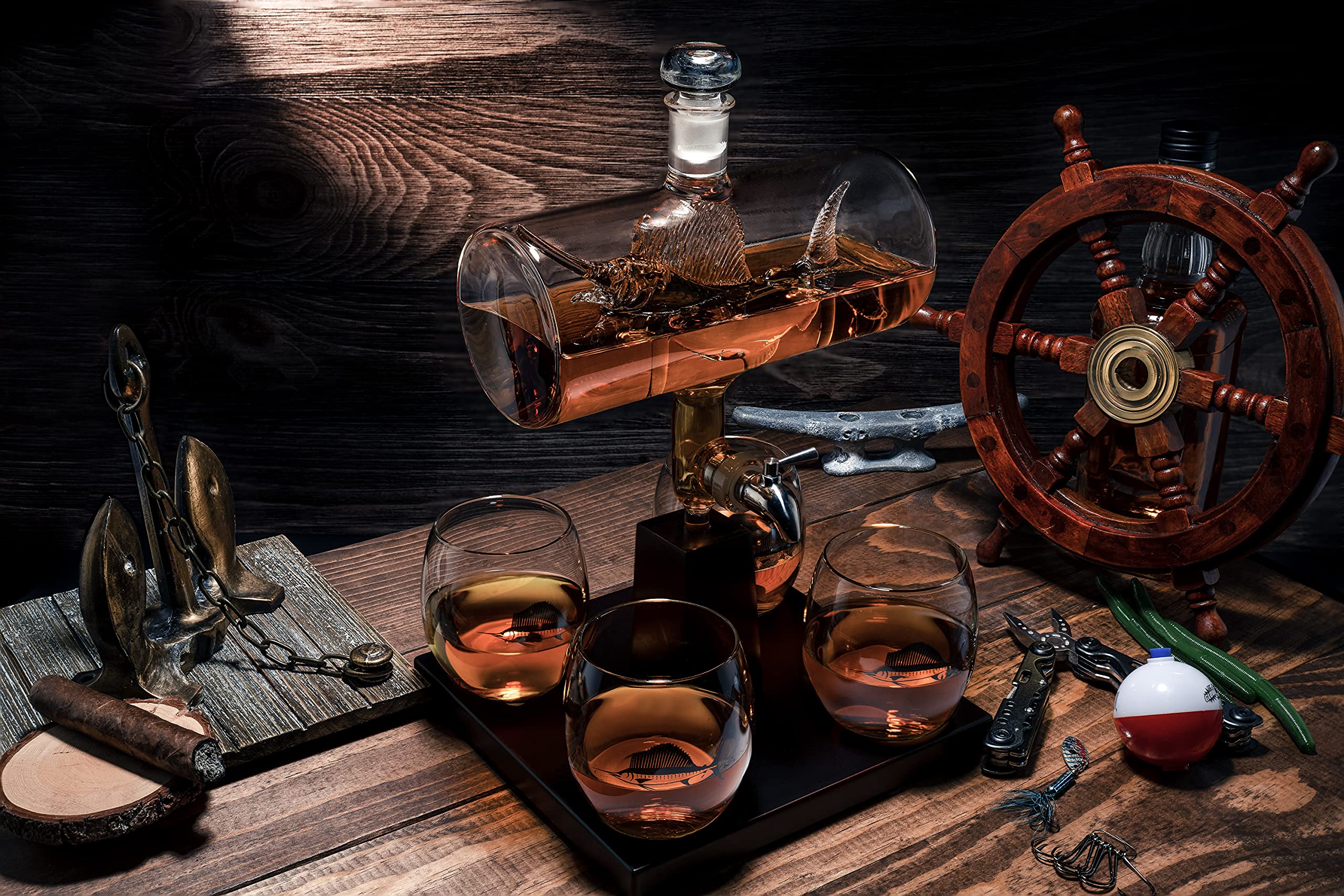 Premium Swordfish & Sailfish Whiskey Decanter Set with 4 Glasses - Fishing & Nautical Themed Bourbon Scotch Liquor Dispenser - Unique Gifts for Fishermen, Dads & Boat Enthusiasts - Perfect for Home Bars, Man Caves & Fishing-Themed Parties