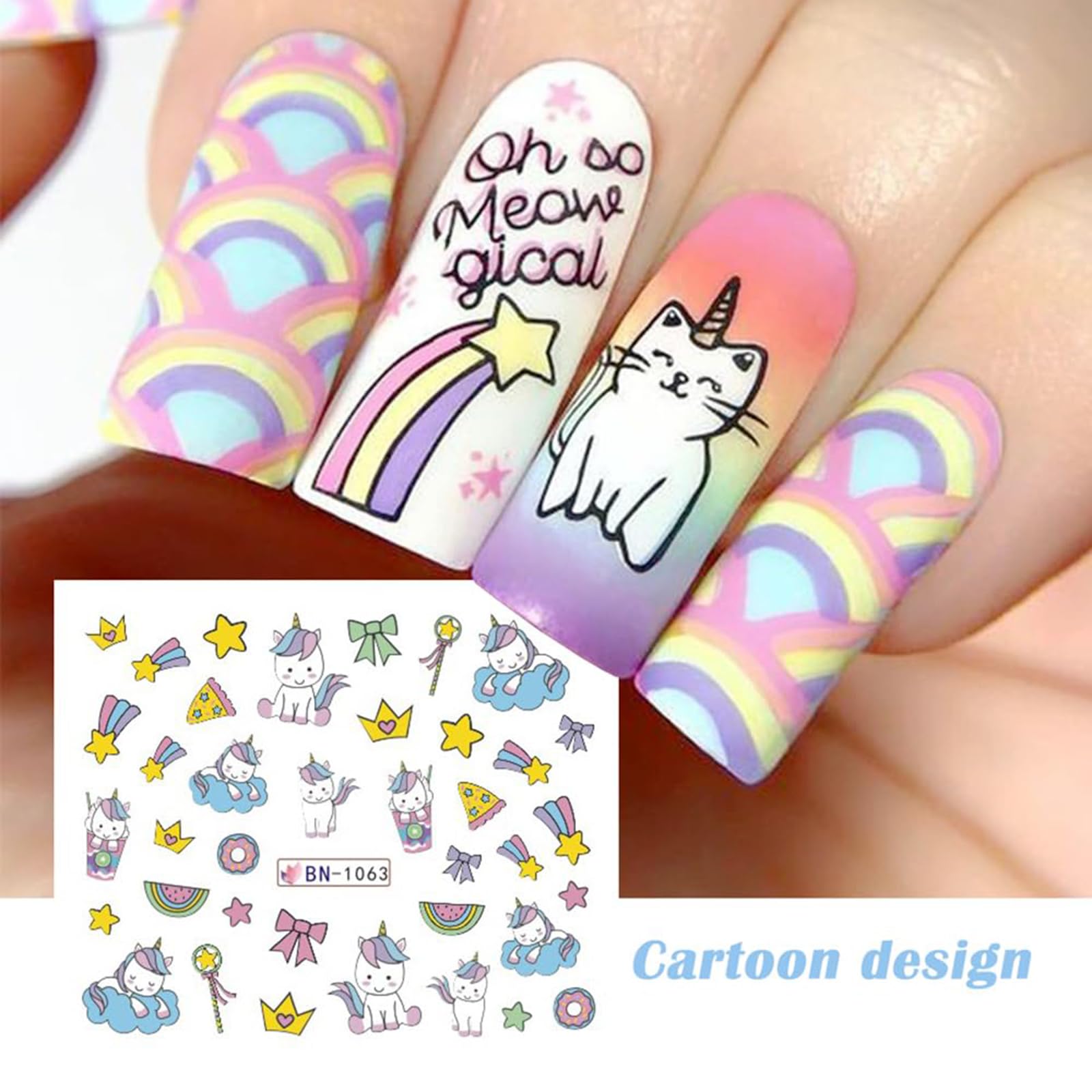 Unicorn Nail Art Stickers - 12 Sheets Water Transfer Nail Decals with Heart, Rainbow & Donut Designs - Cute Cartoon Pink Nail Decorations for Women & Girls - Perfect for Parties, Holidays & DIY Nail Art