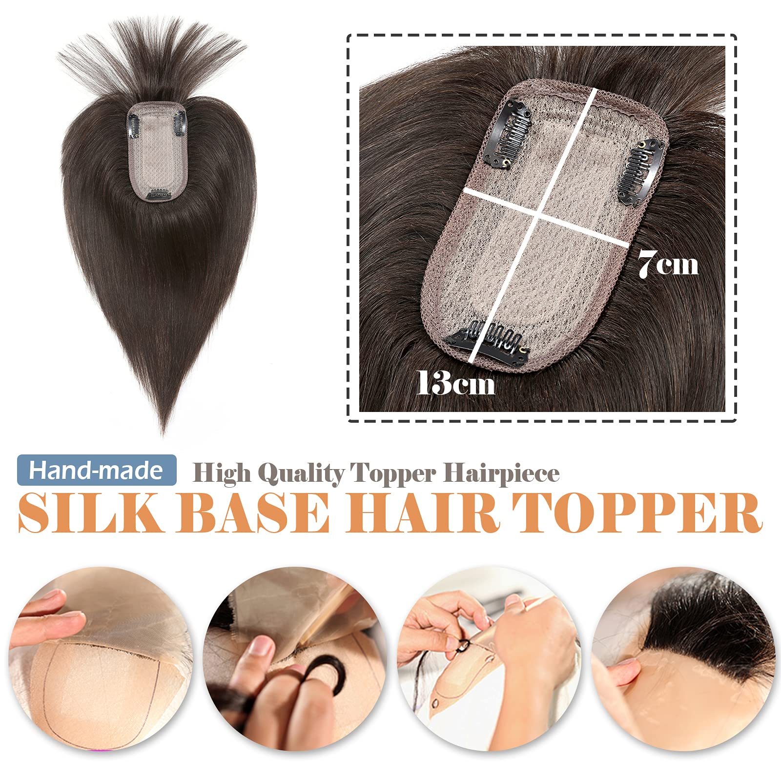 Human Hair Toppers with Bangs - 14 Inch Silk Base Clip-In Hairpiece for Women | Dark Brown (#2) | 44g | Natural Looking Toupee & Hair Extensions | Perfect for Thinning Hair, Hair Loss & Styling | Great for Daily Wear, Parties & Special Occasions