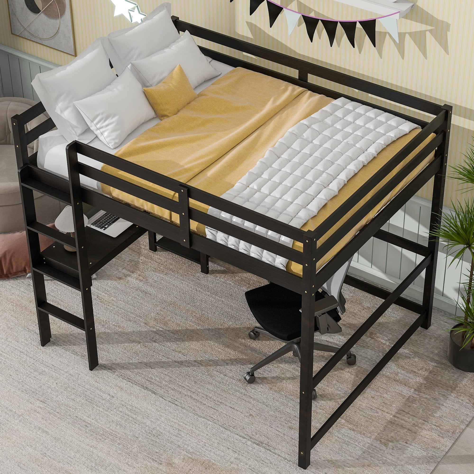 **Solid Pine Wood Full Loft Bed with Desk & Storage Shelf - Sturdy Espresso Loft Bed for Kids & Teens - No Box Spring Needed - Perfect for Small Bedrooms & Dorm Rooms**